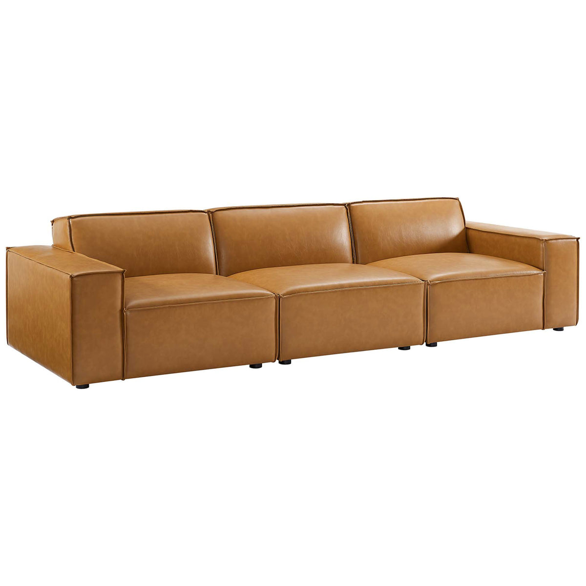 Tan vegan leather modular sofa with broad cushions and clean boxy silhouette || EEI-4708-TAN || front_angle_studio