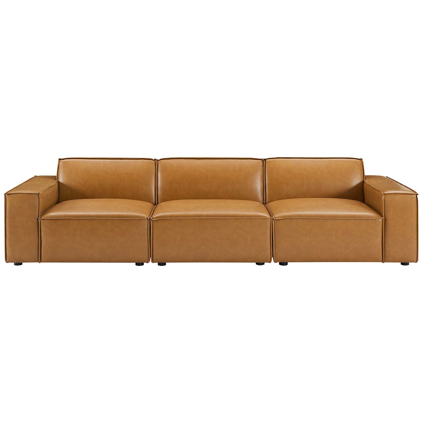Three-piece tan vegan leather sofa with deep seats and low modern profile || EEI-4708-TAN || front_studio