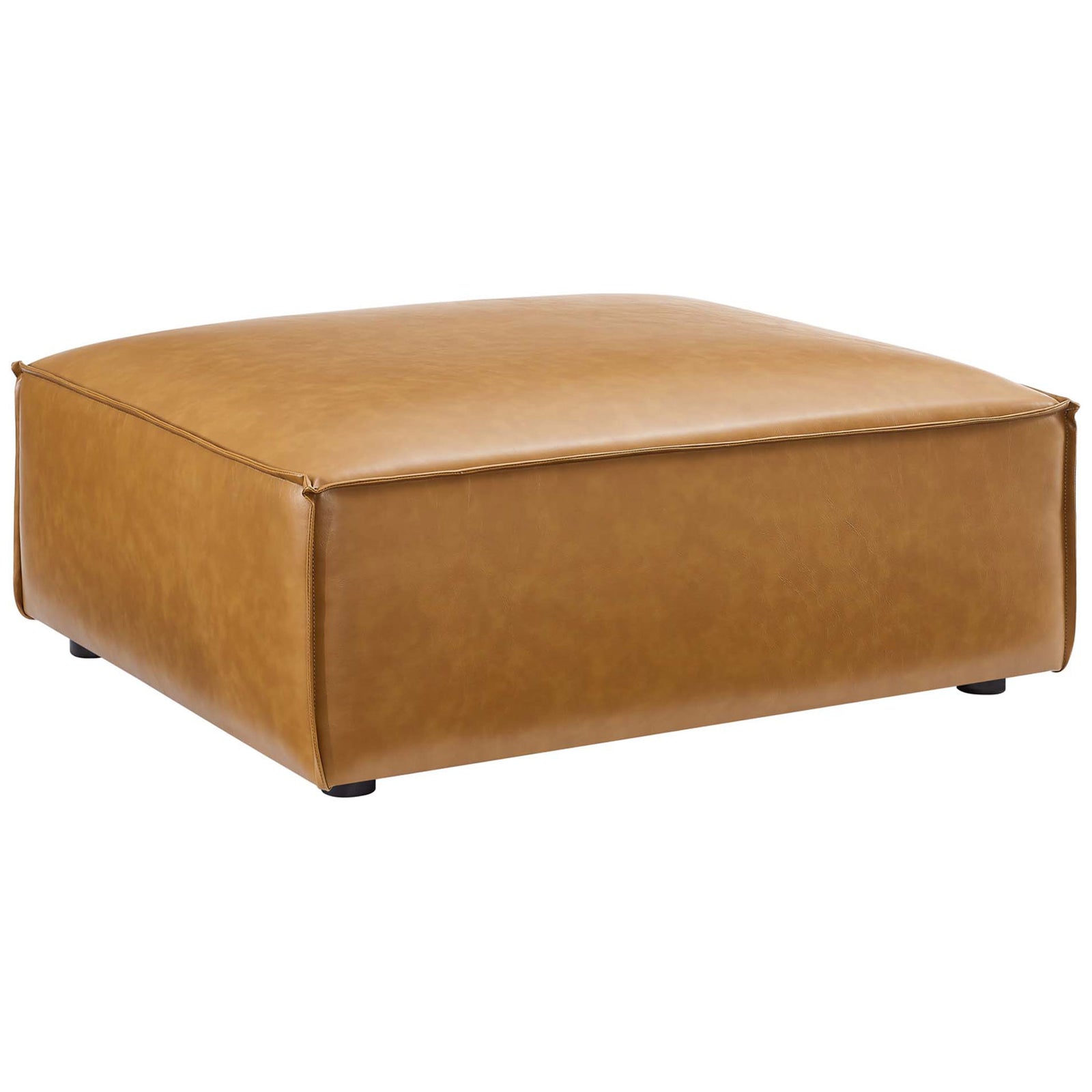Oversized rectangular ottoman in tan vegan leather extends the sectional with a plush, smooth top || EEI-4709-TAN || front_angle_partial_studio