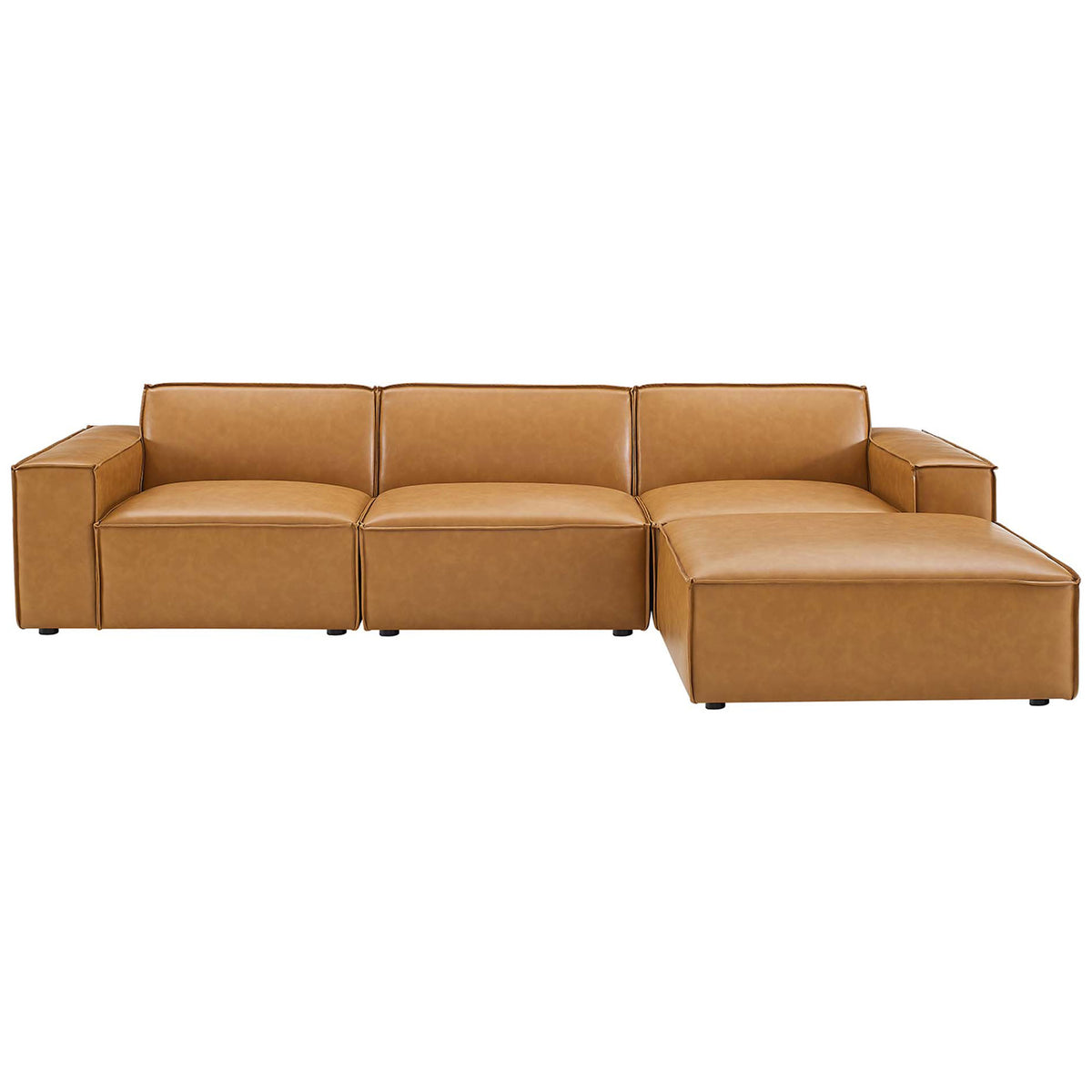 Four-piece tan vegan leather sectional offers generous seating with clean lines and tailored piping || EEI-4709-TAN || front_studio
