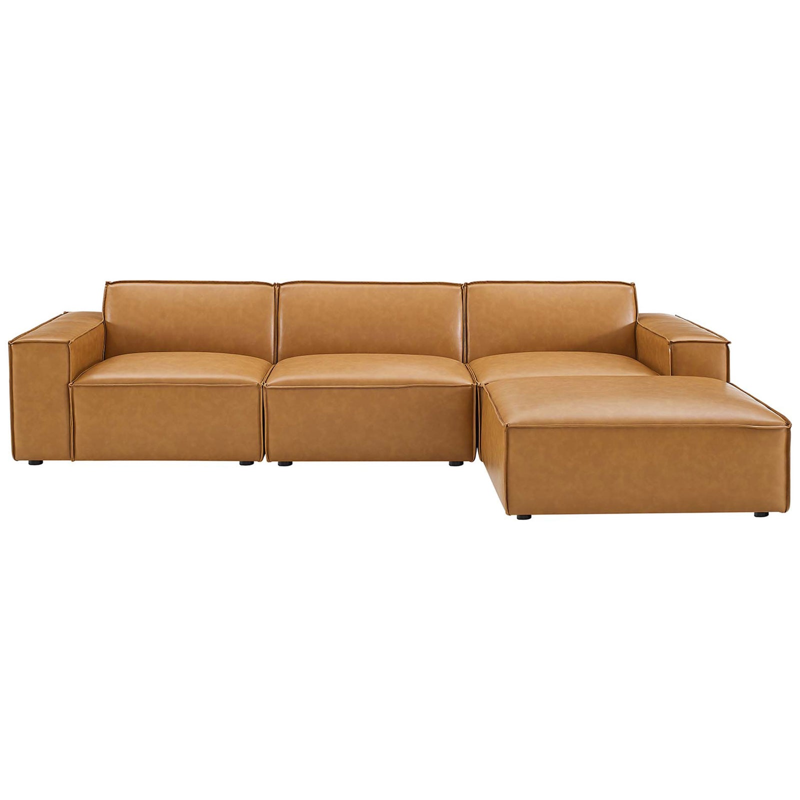 Four-piece tan vegan leather sectional offers generous seating with clean lines and tailored piping || EEI-4709-TAN || front_studio