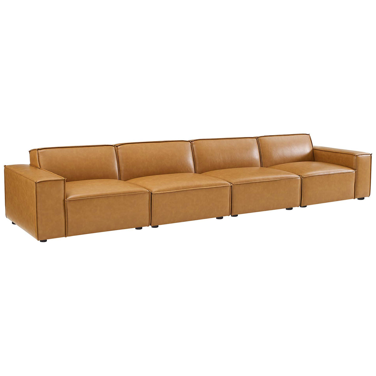 Tan vegan leather modular sofa showcasing low profile silhouette and deep lounge seating || EEI-4710-TAN || front_angle_studio