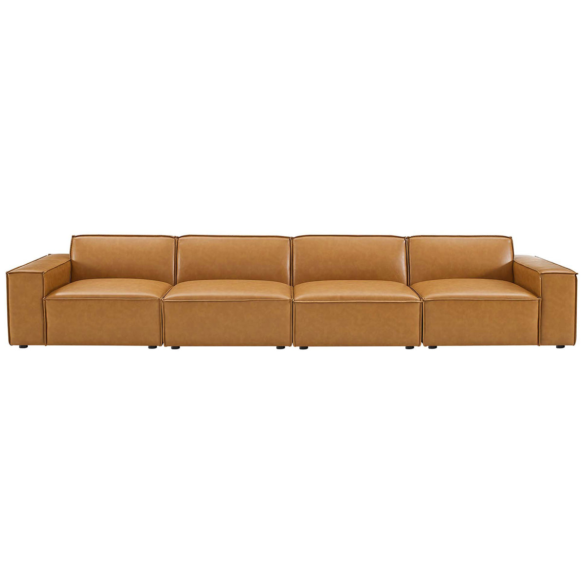 Restore tan vegan leather modular 4-piece sofa with broad cushions and French piping trim || EEI-4710-TAN || front_studio