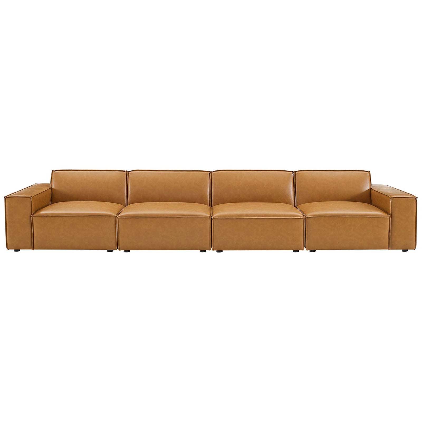 Restore tan vegan leather modular 4-piece sofa with broad cushions and French piping trim || EEI-4710-TAN || front_studio