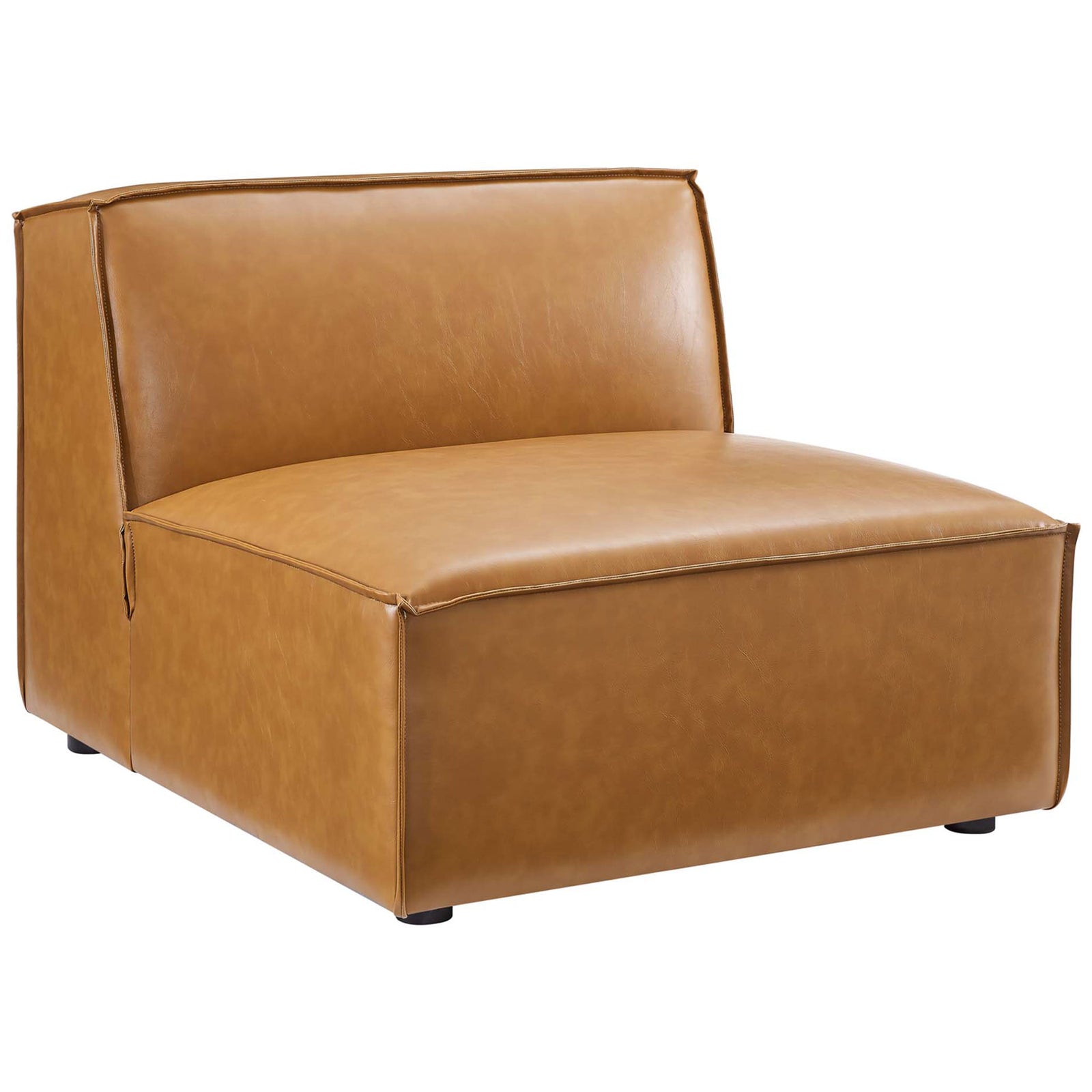 Contemporary tan vegan leather armless chair emphasizing clean boxy lines || EEI-4710-TAN || front_angle_partial_studio