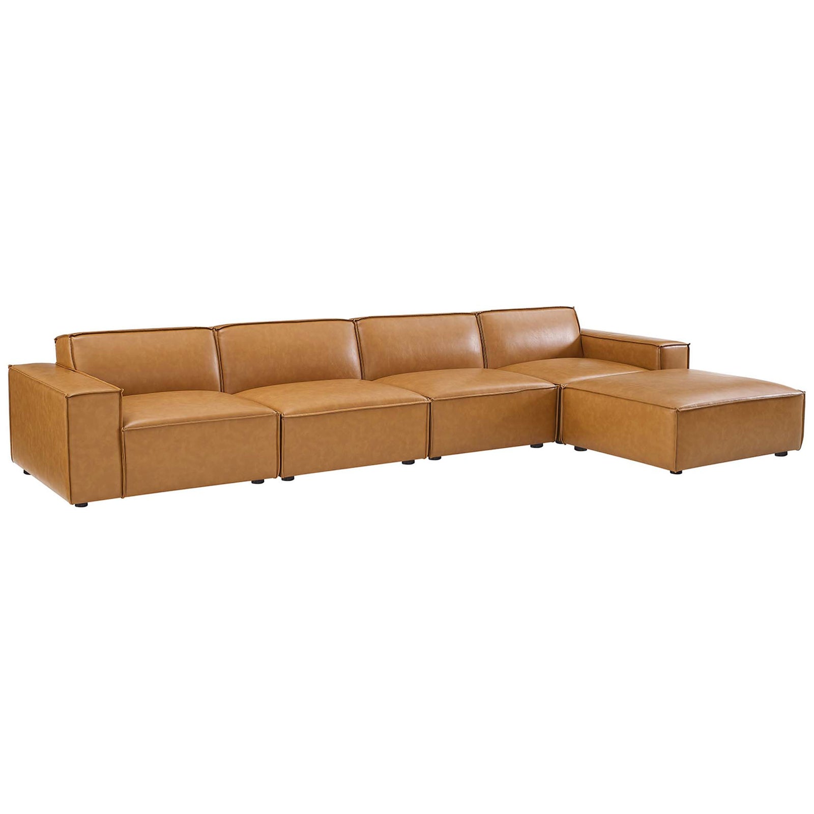 Low-profile tan vegan leather sectional sofa showcasing clean lines, French piping, and modular five-piece design || EEI-4711-TAN || front_angle_studio