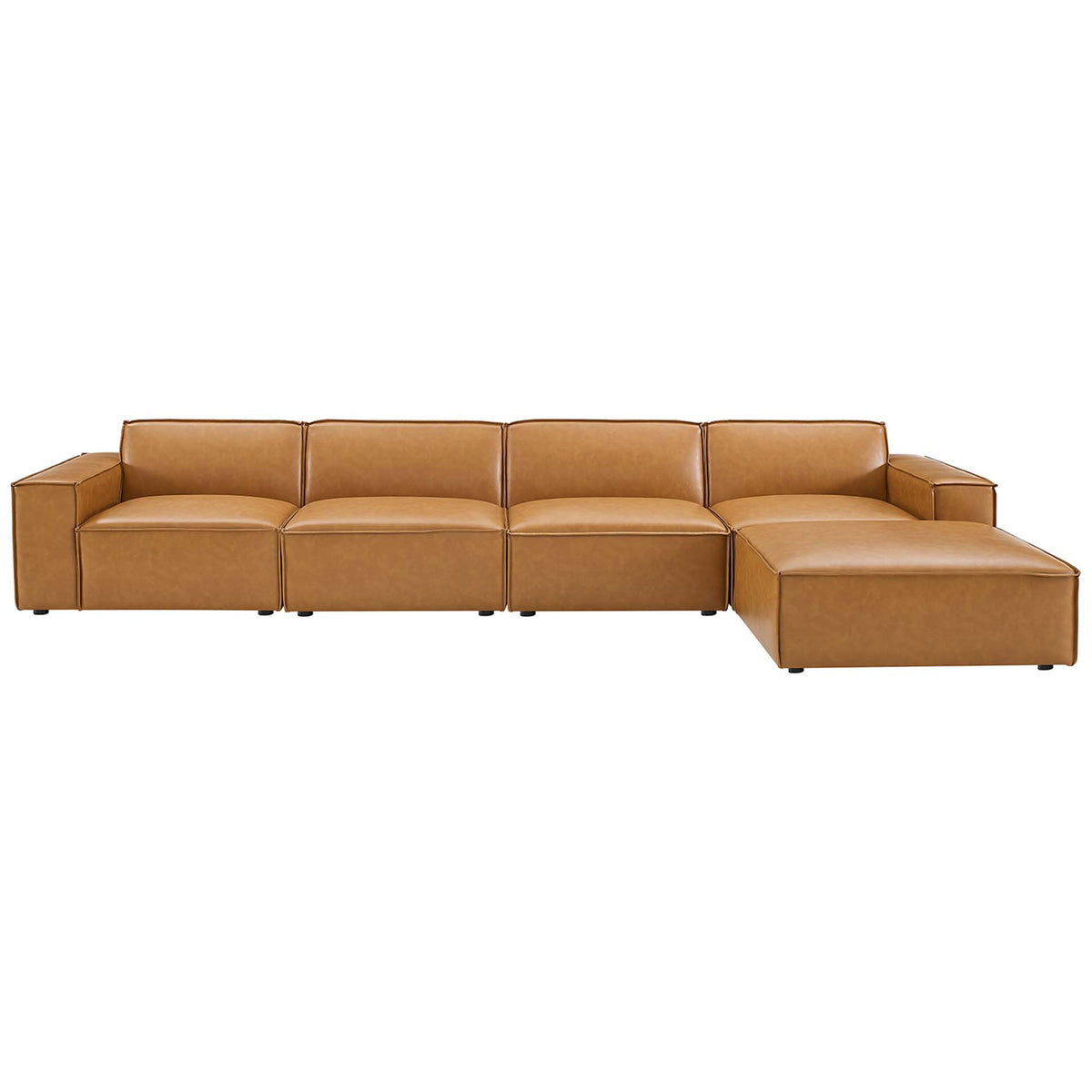 Wide tan vegan leather sectional sofa with chaise ottoman and deep cushioned seats for a relaxed lounge feel || EEI-4711-TAN || front_studio