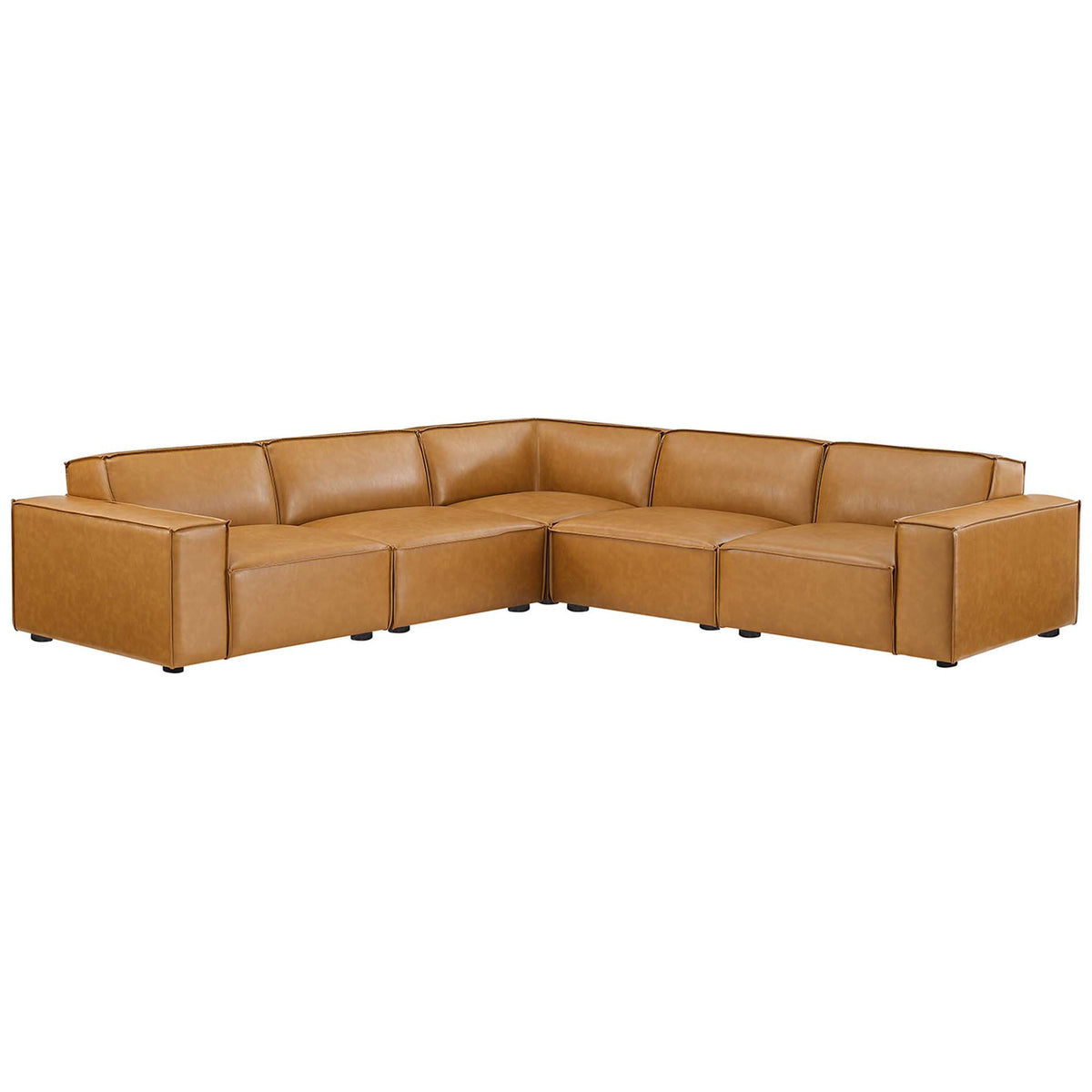 Tan vegan leather 5-piece modular sectional with clean boxy profile and low cushioned backrests || EEI-4712-TAN || front_angle_studio