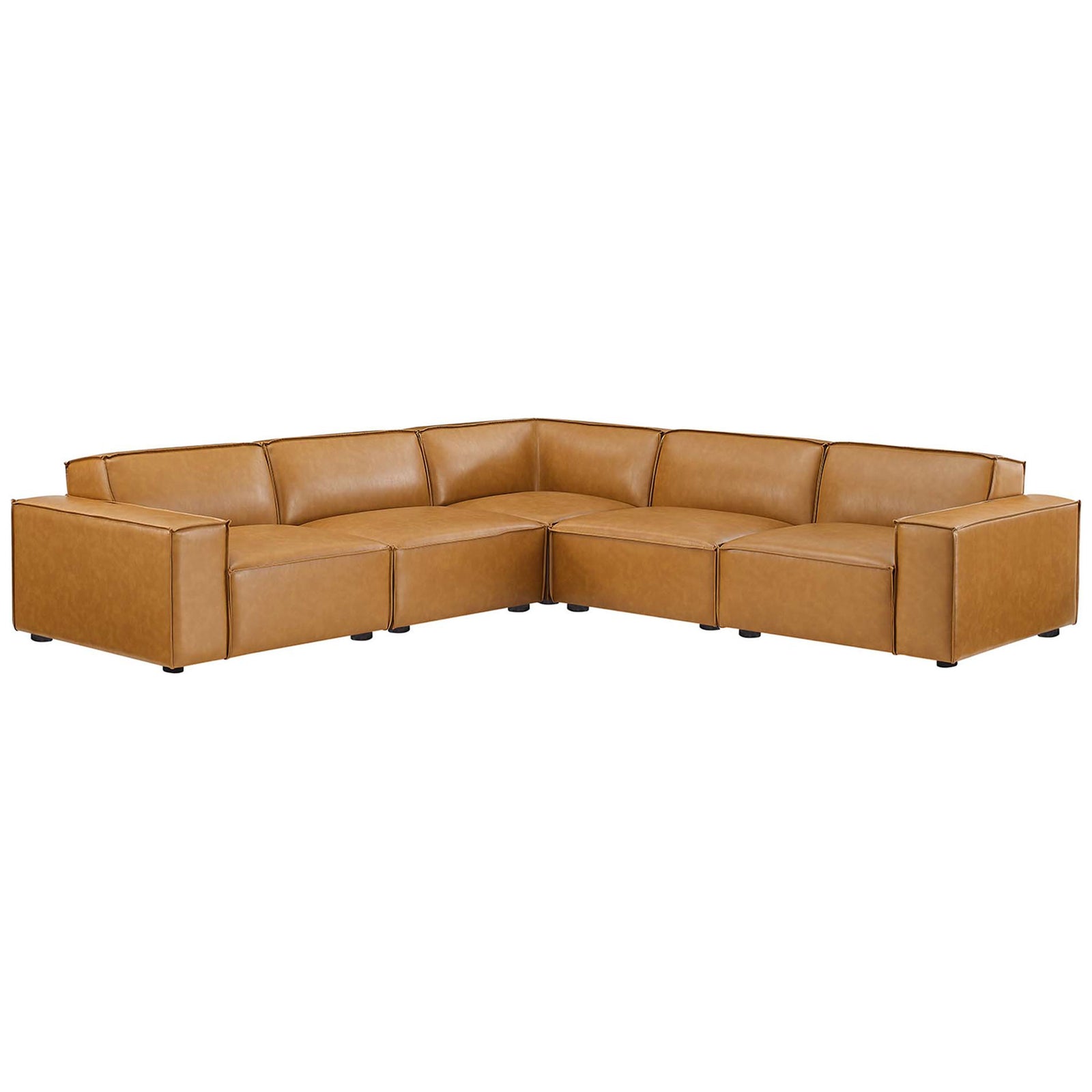 Tan vegan leather 5-piece modular sectional with clean boxy profile and low cushioned backrests || EEI-4712-TAN || front_angle_studio