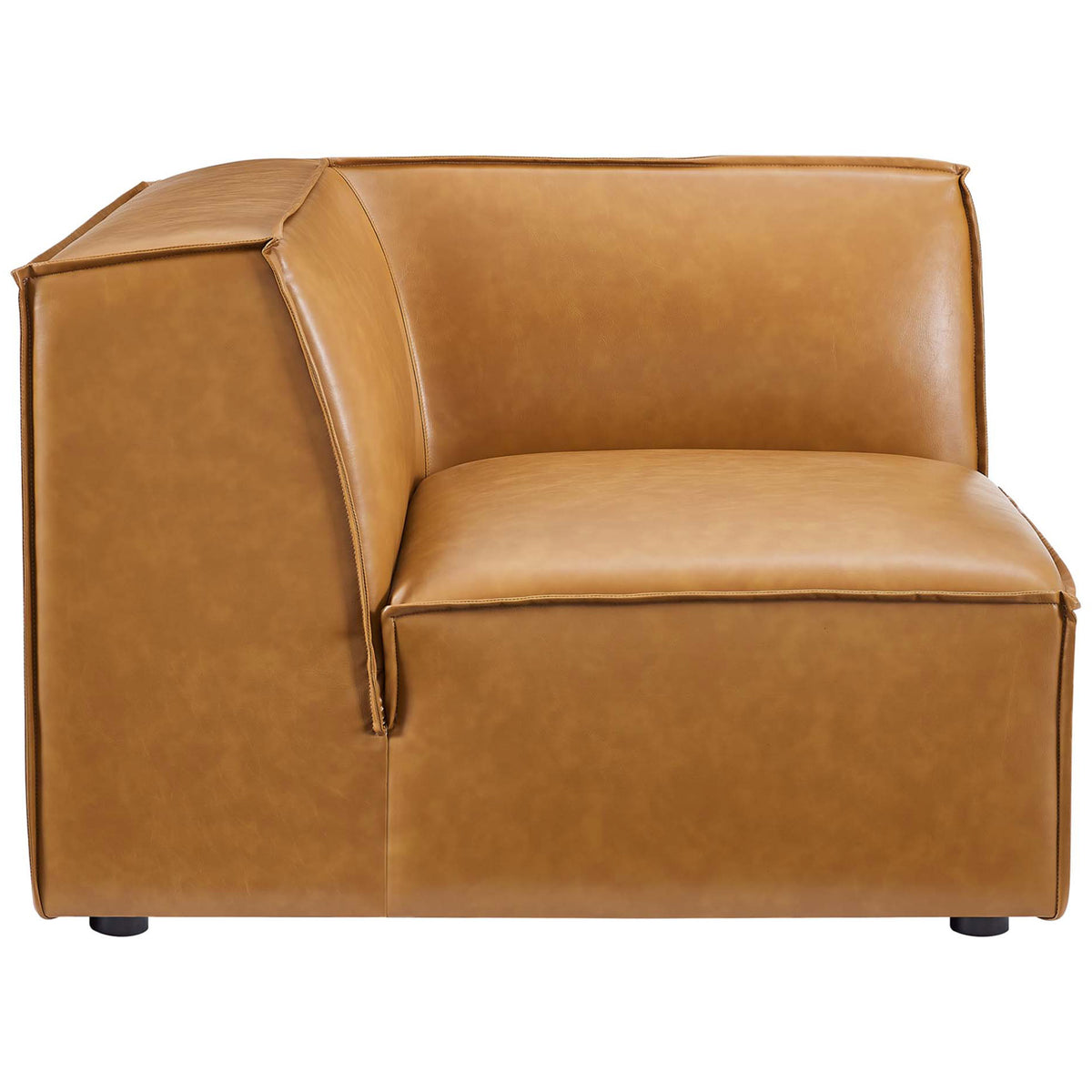 Tan vegan leather corner sectional chair with deep seat and wraparound back cushions || EEI-4712-TAN || front_angle_partial_studio