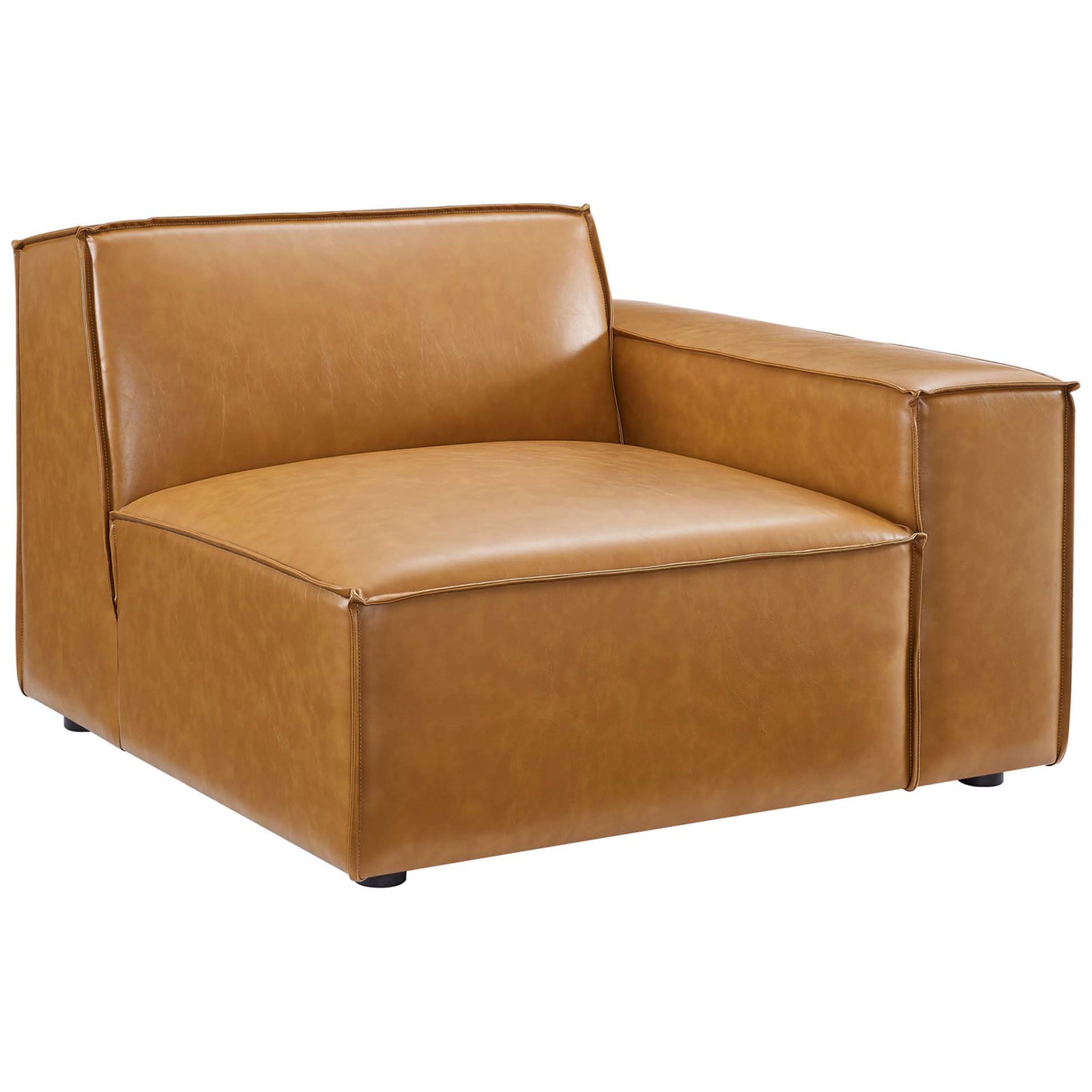 Tan vegan leather modular seat with one track arm and generous cushioning for relaxed lounging || EEI-4712-TAN || front_angle_partial_studio
