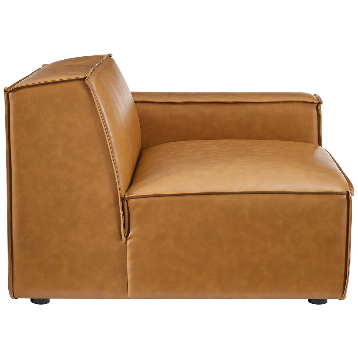 Tan vegan leather armchair module with broad padded arm and tailored seam detailing || EEI-4712-TAN || side_partial_studio