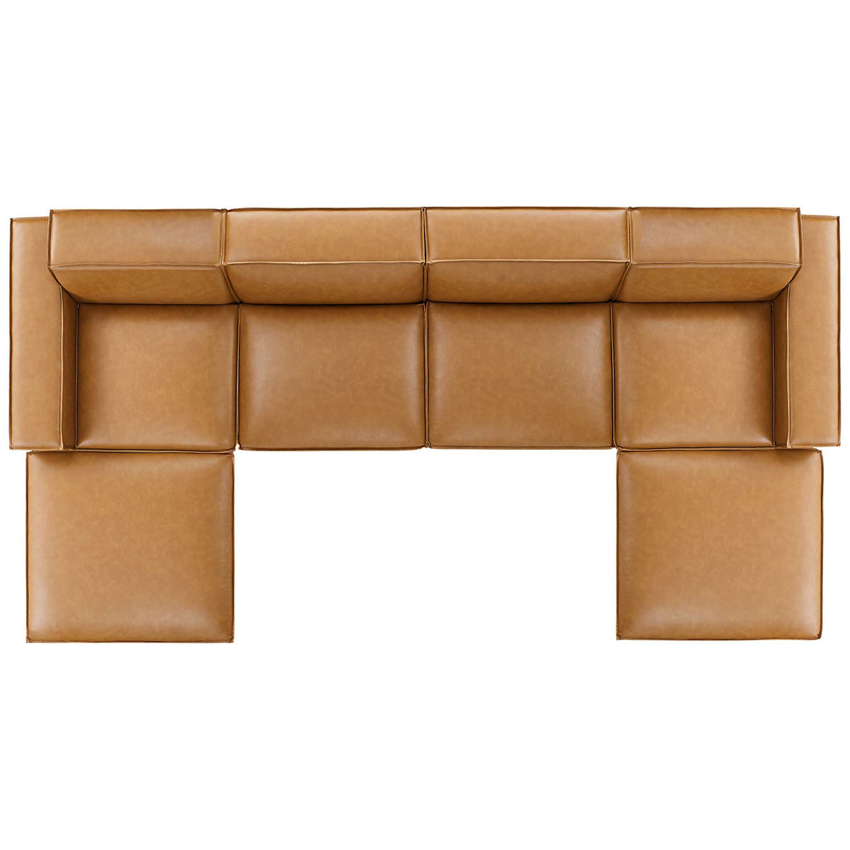 Modular tan vegan leather sectional showing generous seat depth and wide, seamless chaise configuration || EEI-4713-TAN || top_studio