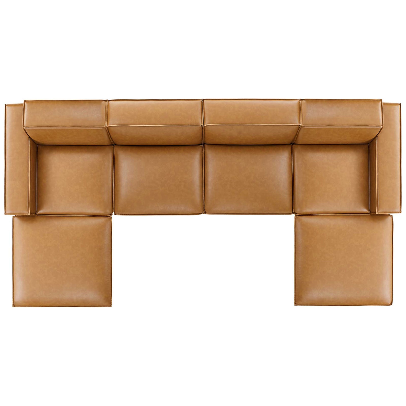Modular tan vegan leather sectional showing generous seat depth and wide, seamless chaise configuration || EEI-4713-TAN || top_studio