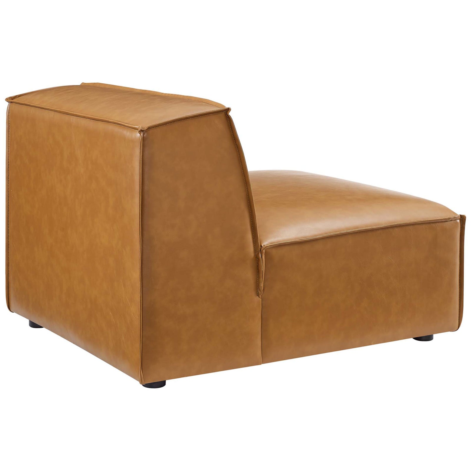 Tan vegan leather armless chair module showcasing smooth back panel and neat corner seams || EEI-4715-TAN || back_angle_partial_studio