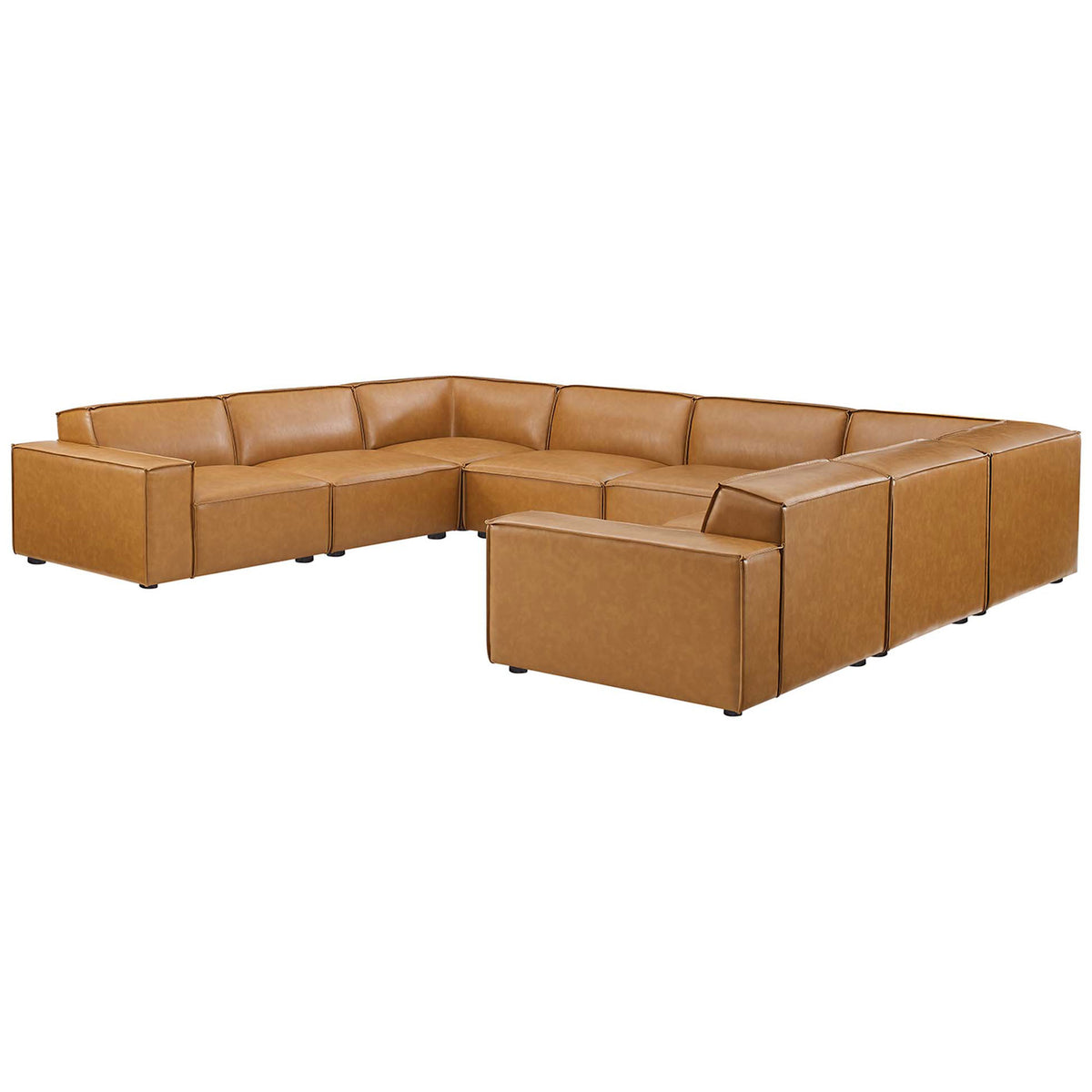 Tan vegan leather U-shaped sectional with generous modular seating and tailored French piping details || EEI-4717-TAN || front_angle_studio