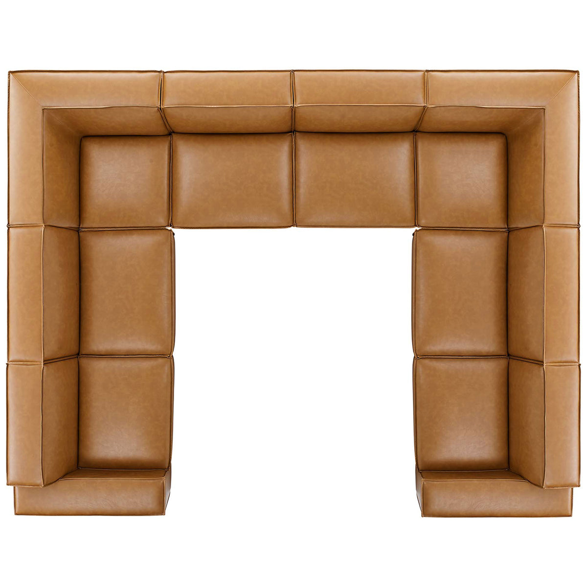 Modular tan vegan leather sectional arranged in a spacious U-shape with wide, generously padded seats || EEI-4717-TAN || top_studio