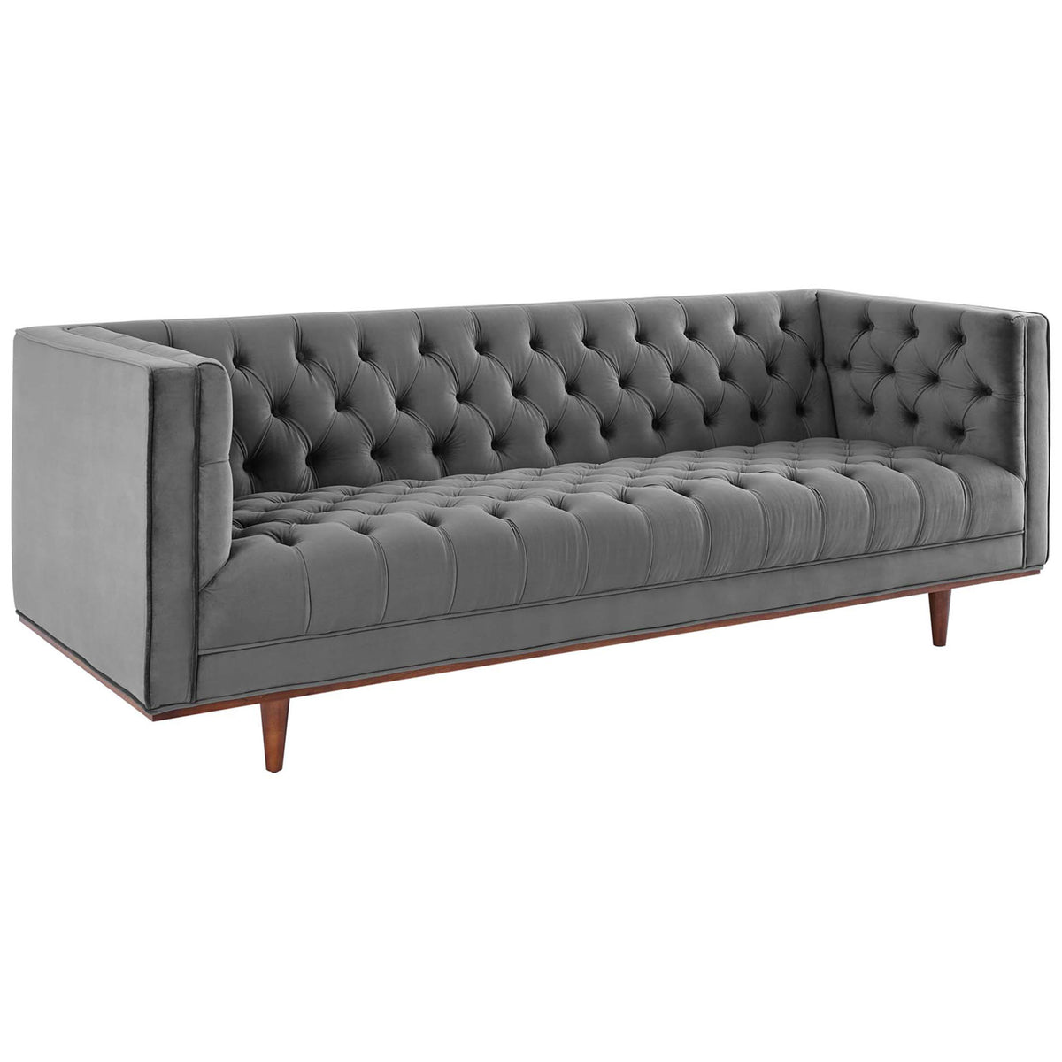 Gray velvet sofa with deep diamond tufting and mid-century tapered wood legs || EEI-4722-GRY || front_angle_studio