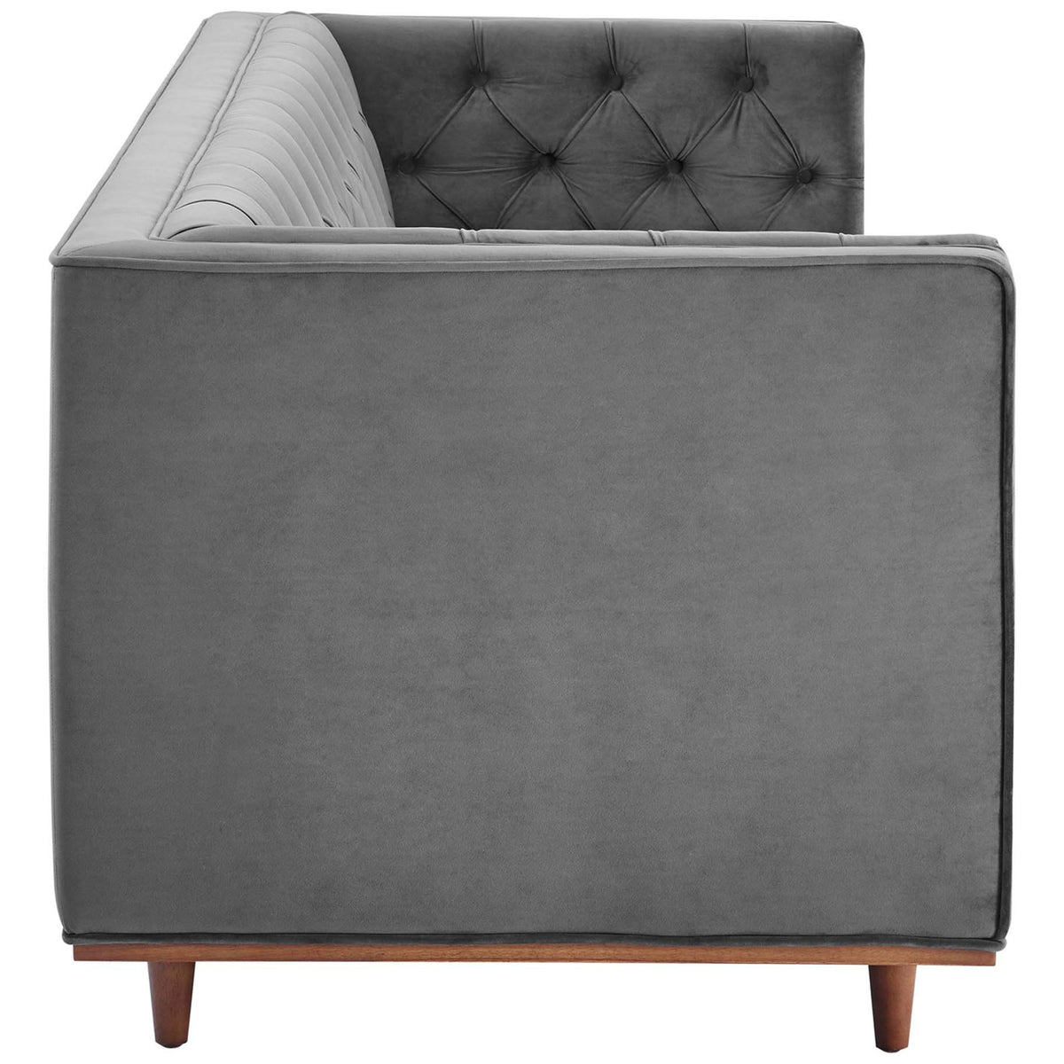 Gray velvet sofa highlighting its sleek side profile and tailored shelter arm || EEI-4722-GRY || side_studio