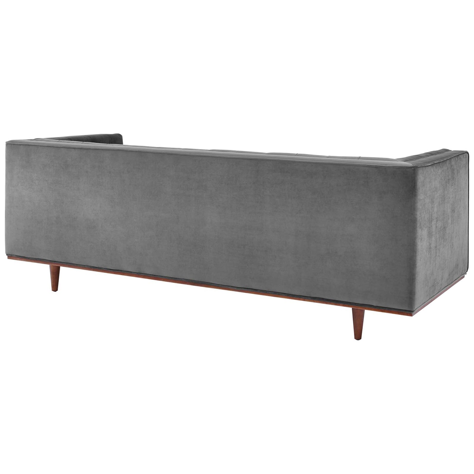Gray performance velvet sofa showing the smooth upholstered back and wood base || EEI-4722-GRY || back_angle_studio