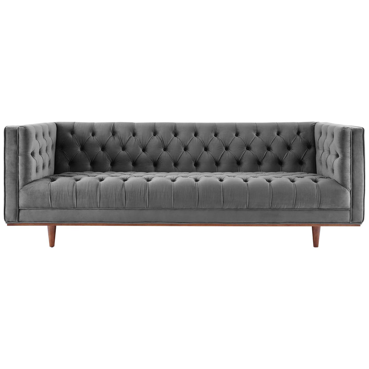 Button-tufted gray velvet sofa with shelter arms and generous bench-style seat || EEI-4722-GRY || front_studio