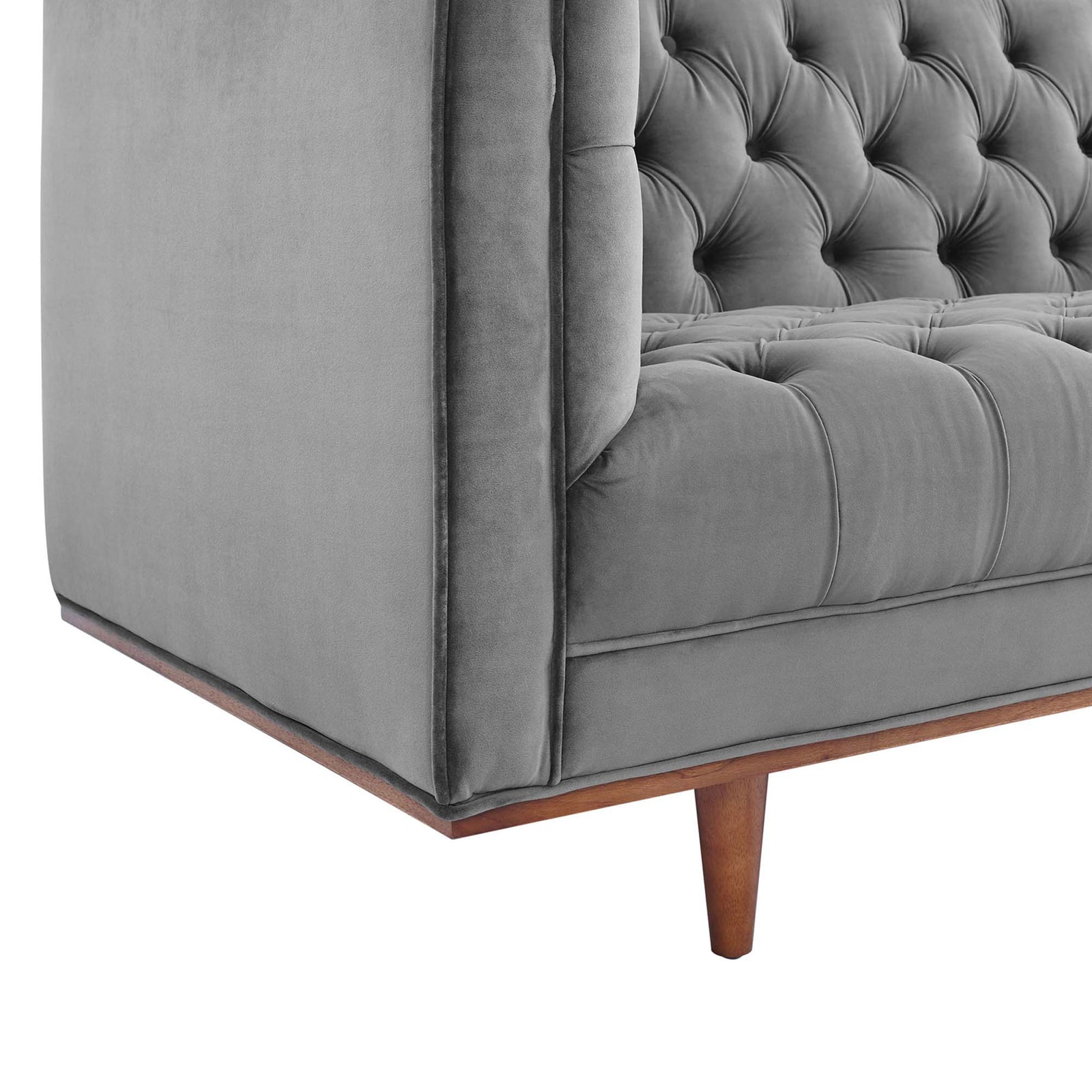 Plush tufted velvet seat and arm with warm wood leg detail || EEI-4722-GRY || detail_studio