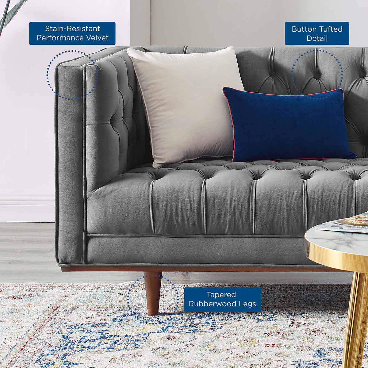 Gray velvet sofa in a bright room with callouts to tufting, fabric, and tapered legs || EEI-4722-GRY || callout_room