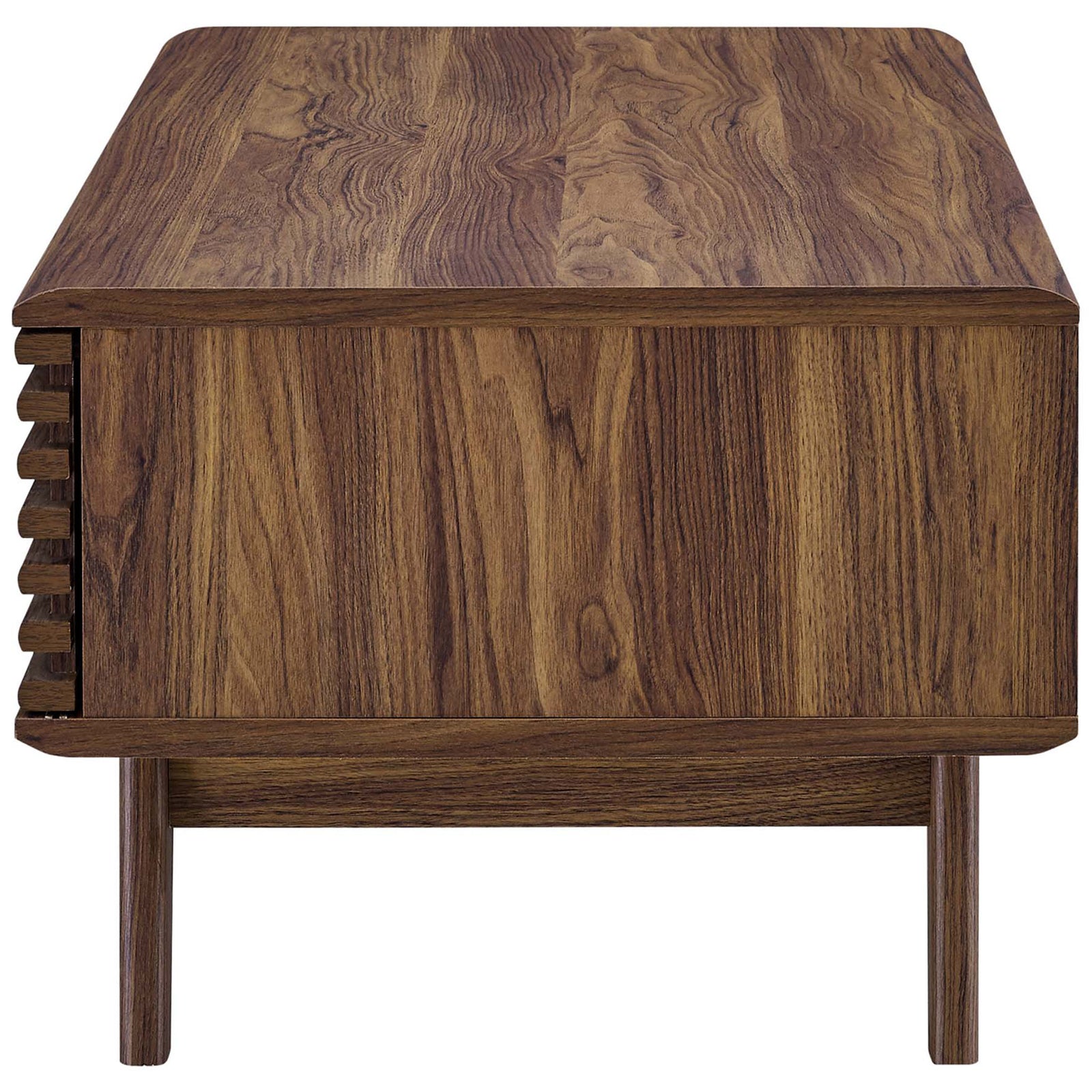 Streamlined profile with rounded edges and rich walnut grain on sturdy, splayed legs || EEI-4724-WAL || side_studio