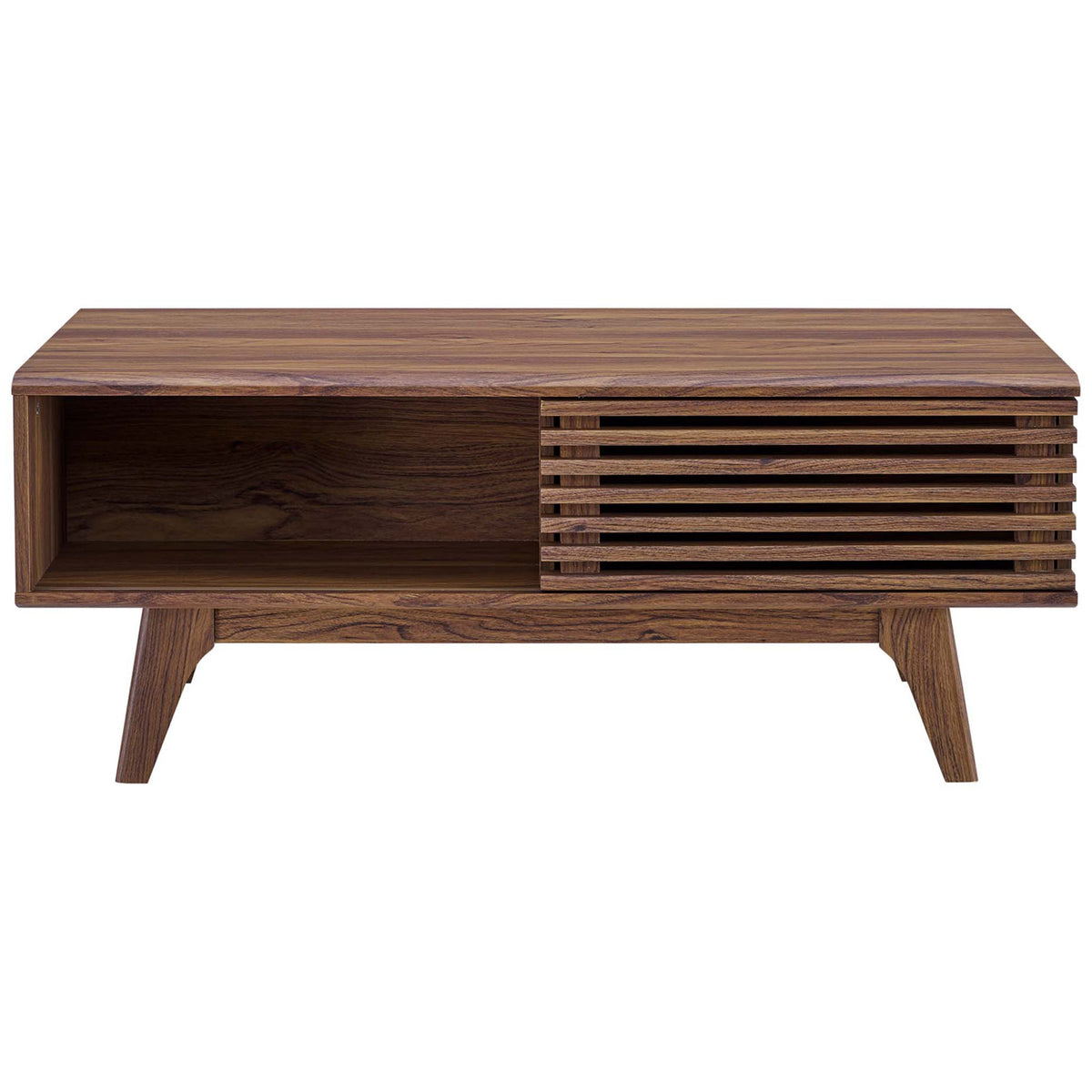 Mid-century walnut coffee table with a sliding slatted door and open shelf on splayed legs || EEI-4724-WAL || front_studio