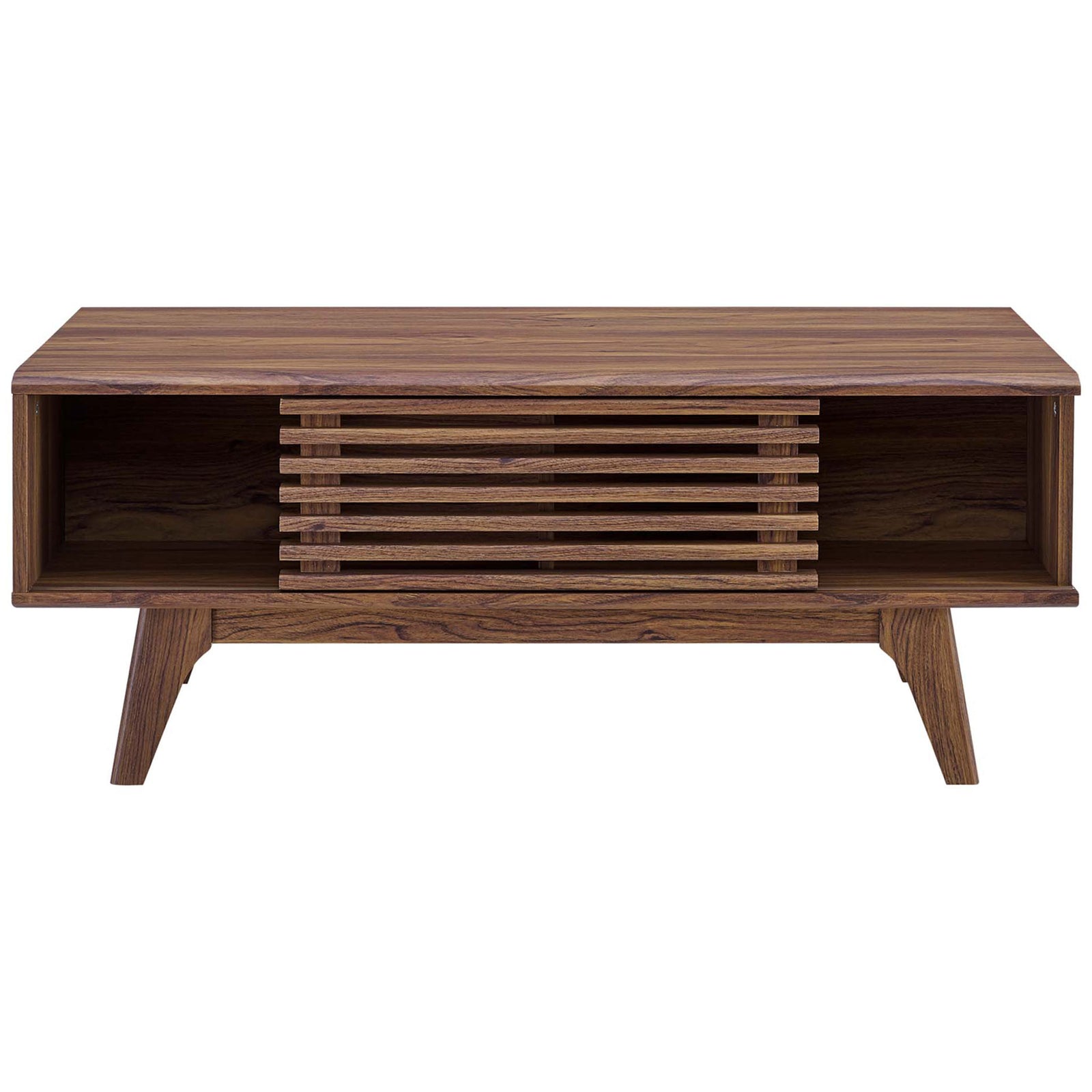 Versatile design with a sliding slatted door revealing spacious shelving and smooth walnut grain || EEI-4724-WAL || front_open_studio
