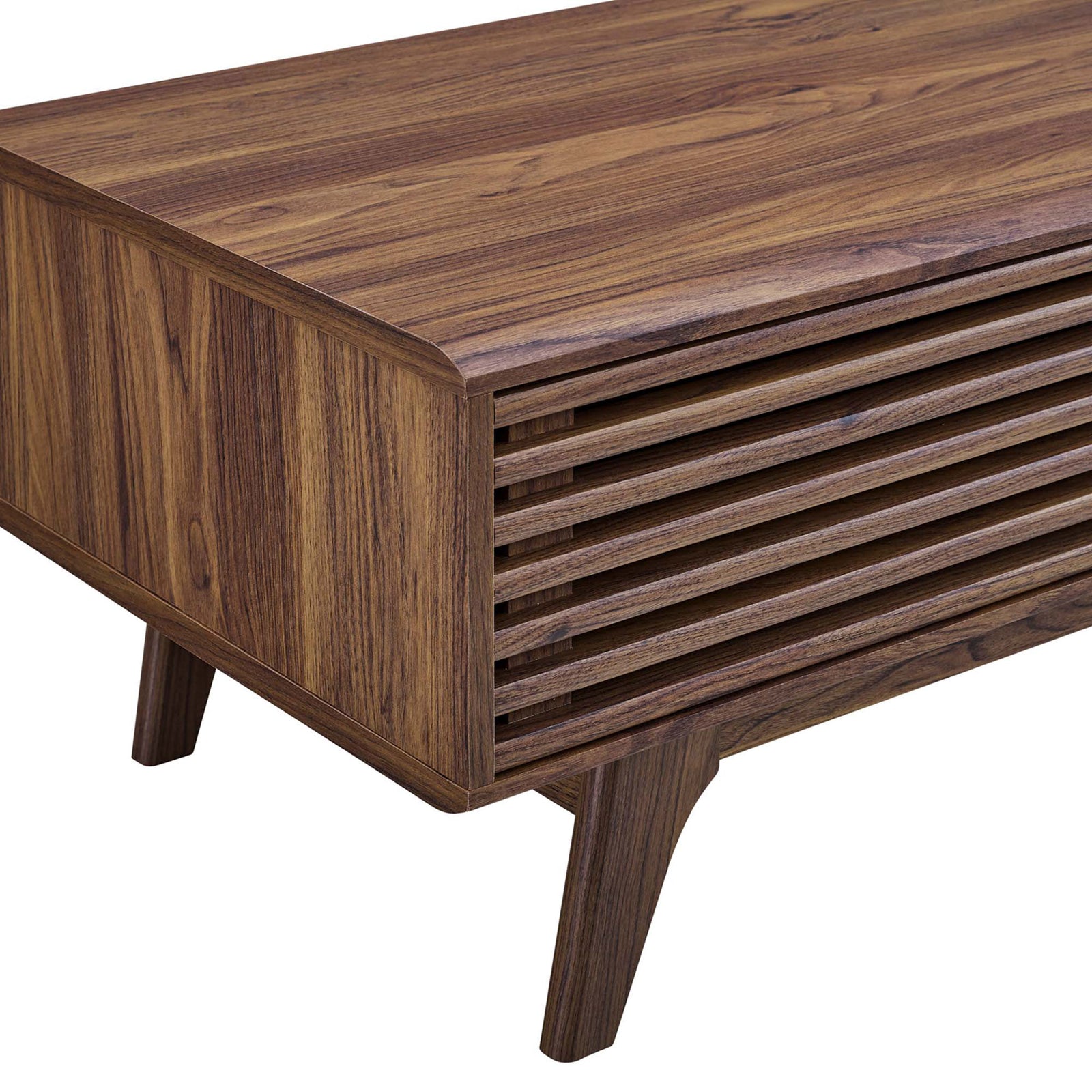 Slatted door detailing and splayed leg craftsmanship in a durable walnut grain laminate || EEI-4724-WAL || detail_studio