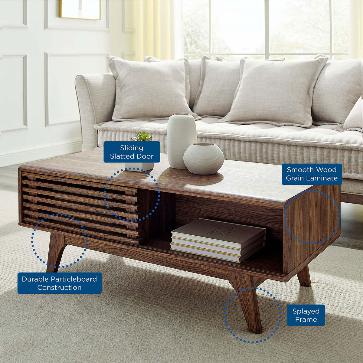 Mid-century coffee table highlights: sliding slatted door, open shelf, and splayed legs in walnut grain || EEI-4724-WAL || callout_room
