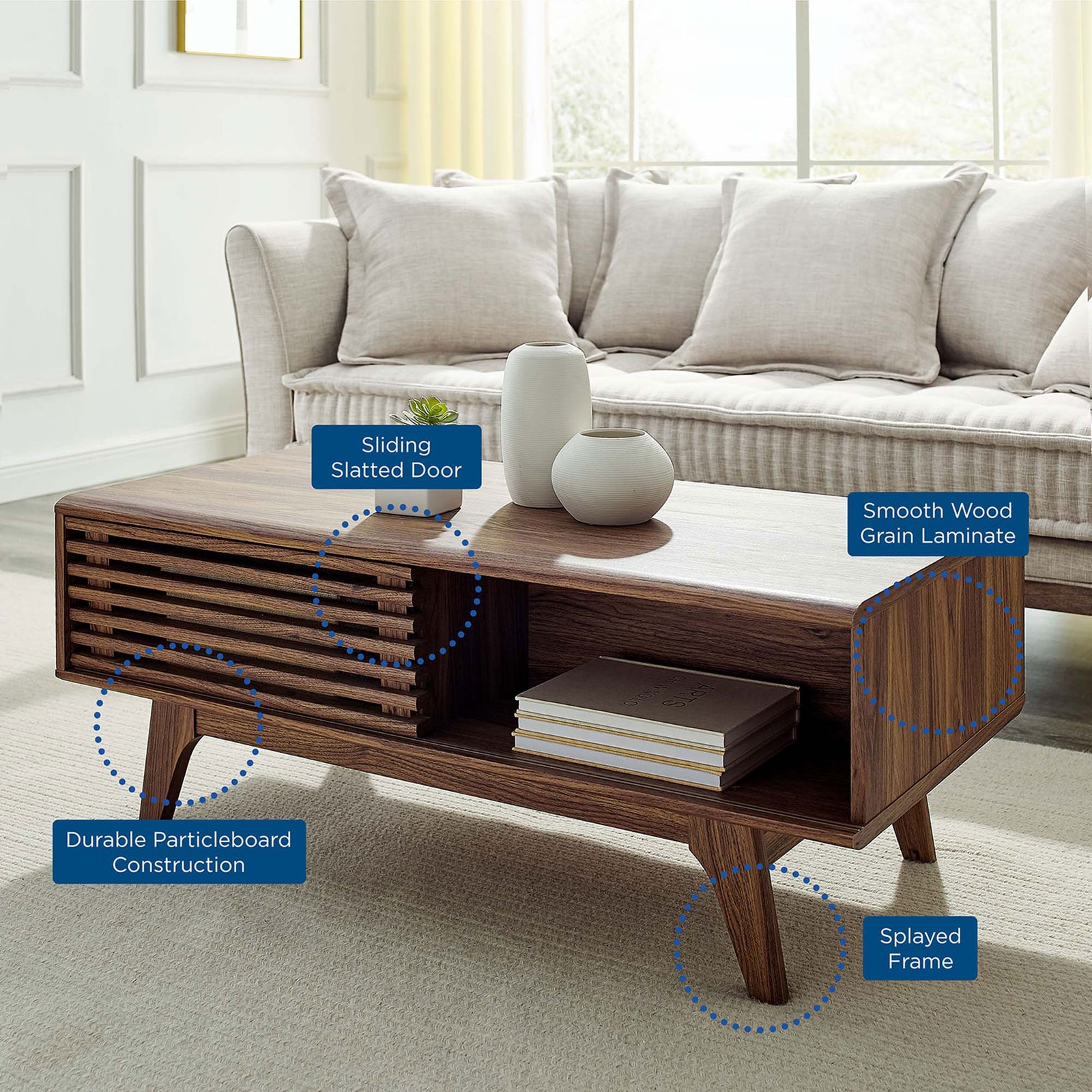 Mid-century coffee table highlights: sliding slatted door, open shelf, and splayed legs in walnut grain || EEI-4724-WAL || callout_room