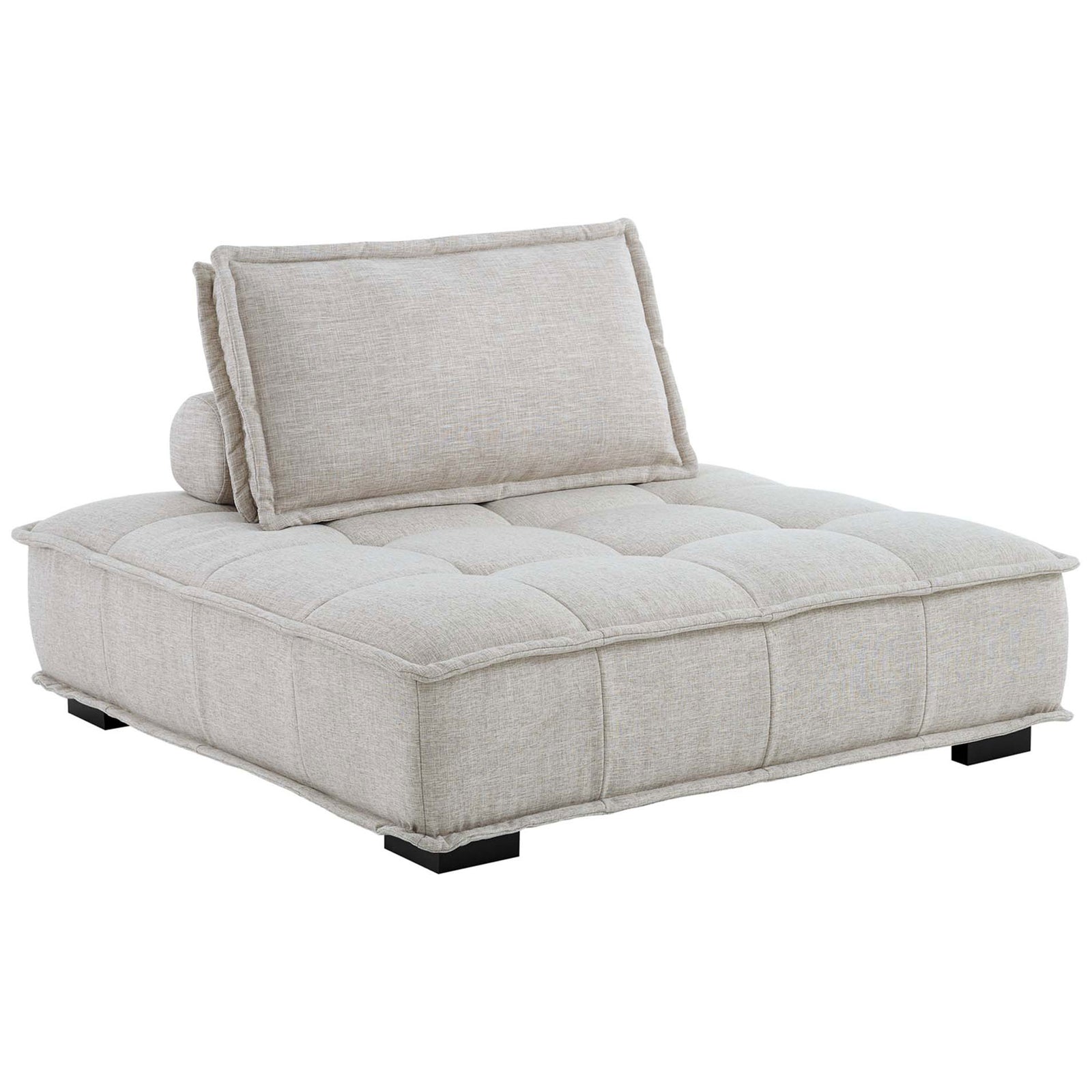 Plush, grid-tufted armless chair in beige with cushioned back and bolster, set on low black block legs. || EEI-4725-BEI || front_angle_studio
