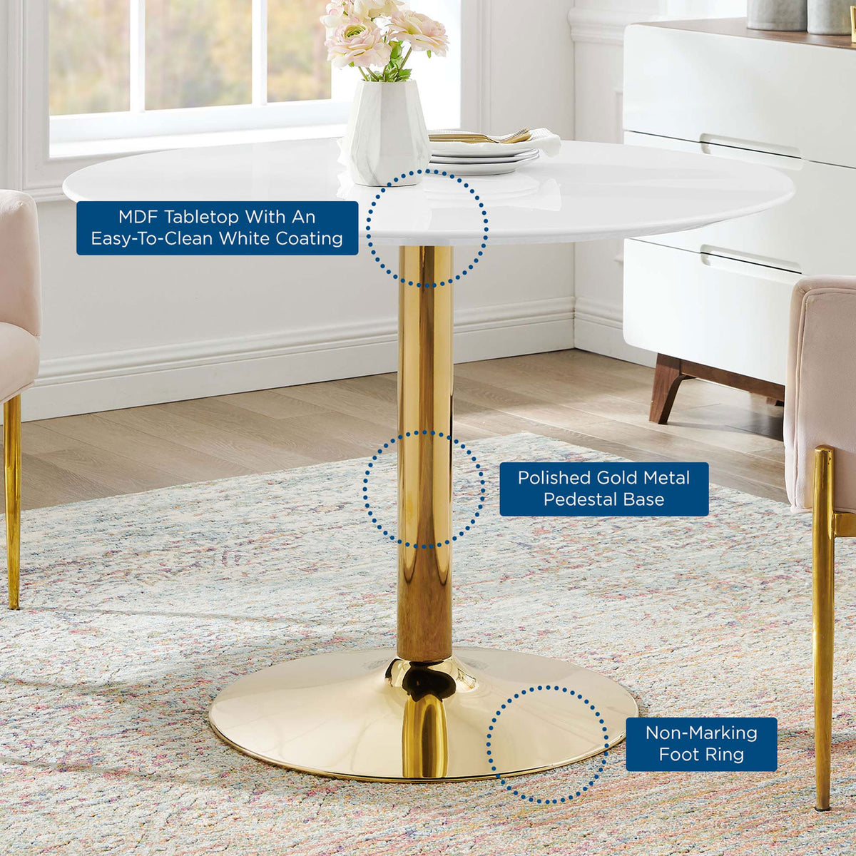 Verne 40-inch dining table in airy dining room with overlay text calling out premium details || EEI-4748-GLD-WHI || callout_room