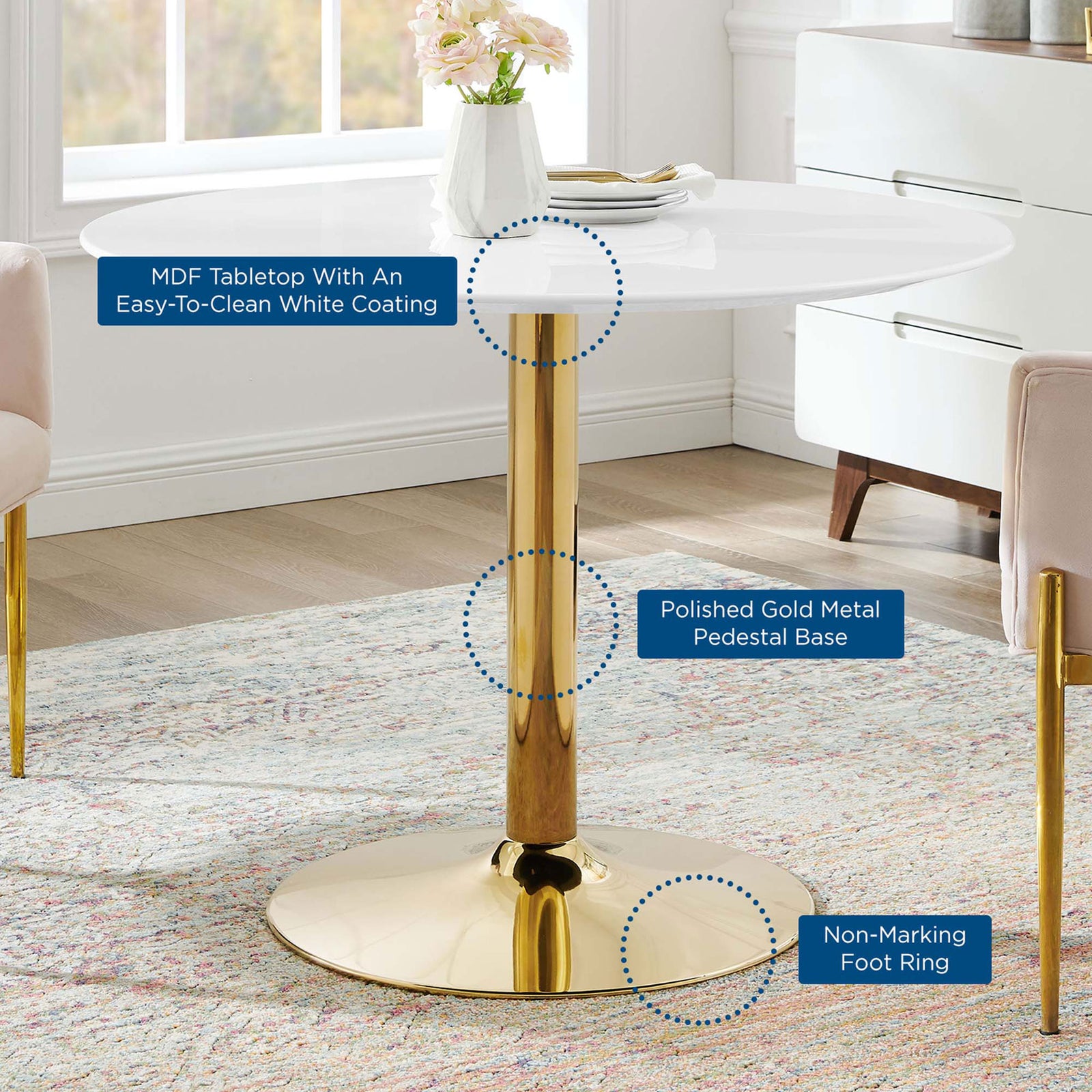 Verne 40-inch dining table in airy dining room with overlay text calling out premium details || EEI-4748-GLD-WHI || callout_room