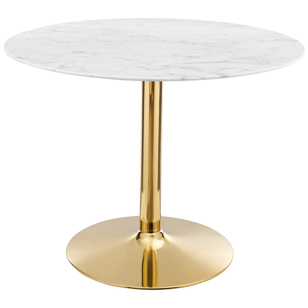 Spacious round faux marble dining table with gleaming gold pedestal for four || EEI-4749-GLD-WHI || front_studio