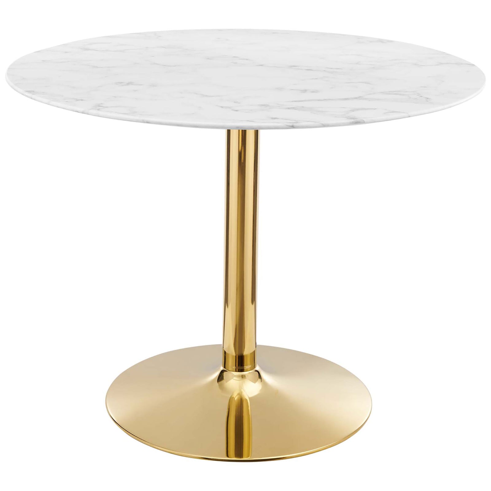 Spacious round faux marble dining table with gleaming gold pedestal for four || EEI-4749-GLD-WHI || front_studio