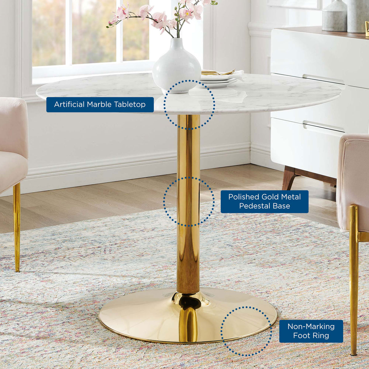 Verne 40 inch table in a chic dining room with highlighted premium materials || EEI-4749-GLD-WHI || callout_room