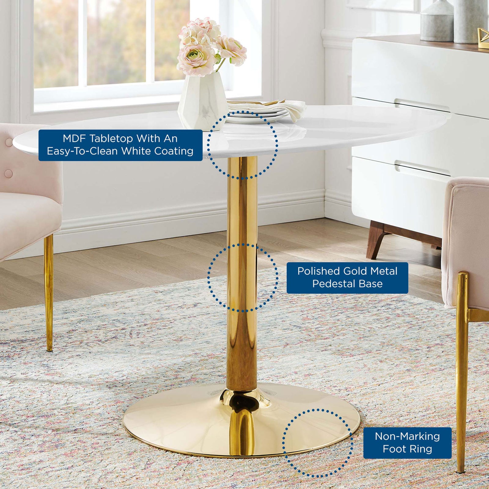 Verne 48-inch oval dining table in light-filled room with callouts highlighting standout features || EEI-4750-GLD-WHI || callout_room