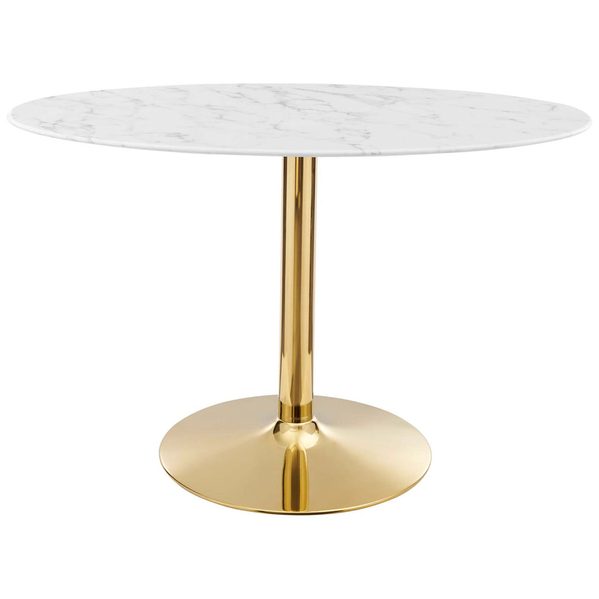 Oval faux marble dining table with slim gold pedestal base for modern entertaining || EEI-4752-GLD-WHI || front_studio