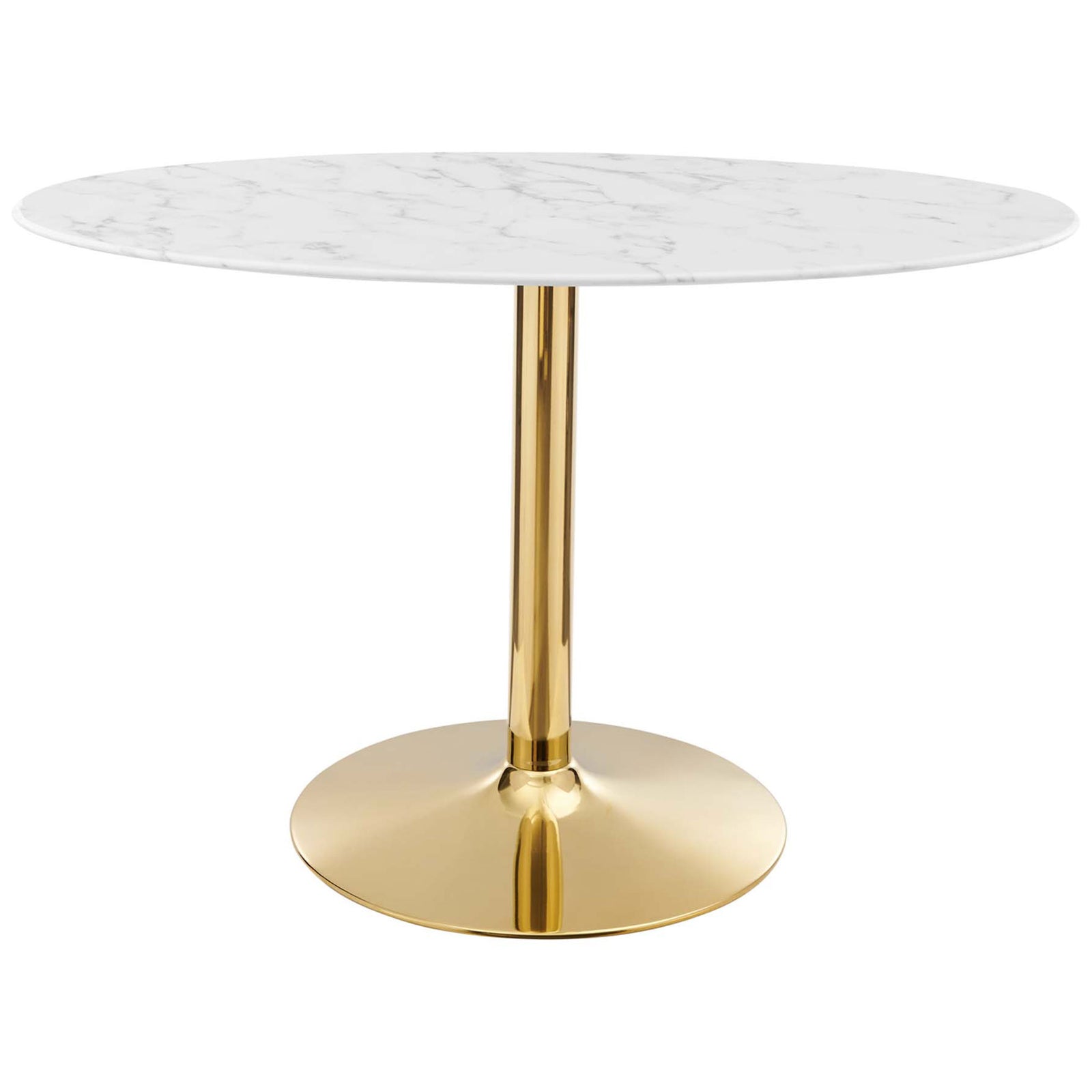 Oval faux marble dining table with slim gold pedestal base for modern entertaining || EEI-4752-GLD-WHI || front_studio