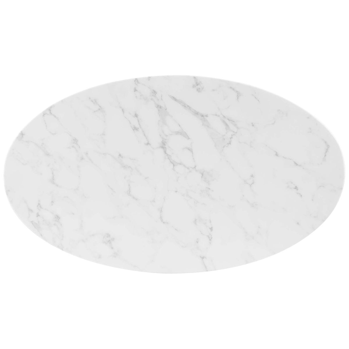Smooth oval white faux marble tabletop showing elongated veining pattern || EEI-4752-GLD-WHI || top_studio