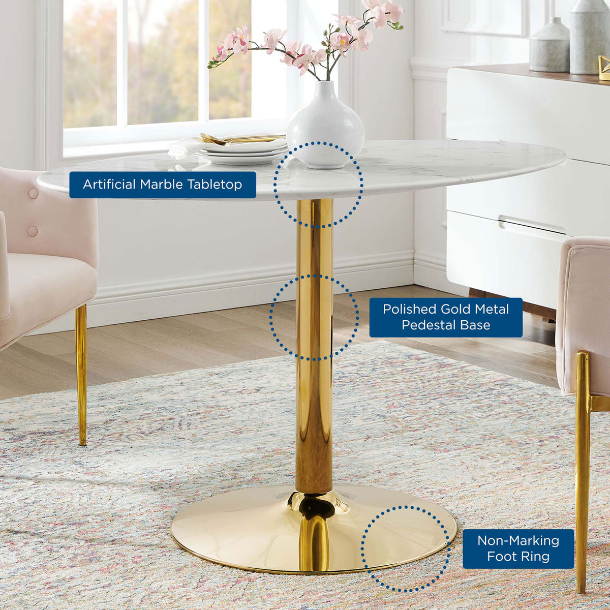 Verne oval dining table in a styled room showing marble top and gold base features || EEI-4752-GLD-WHI || callout_room