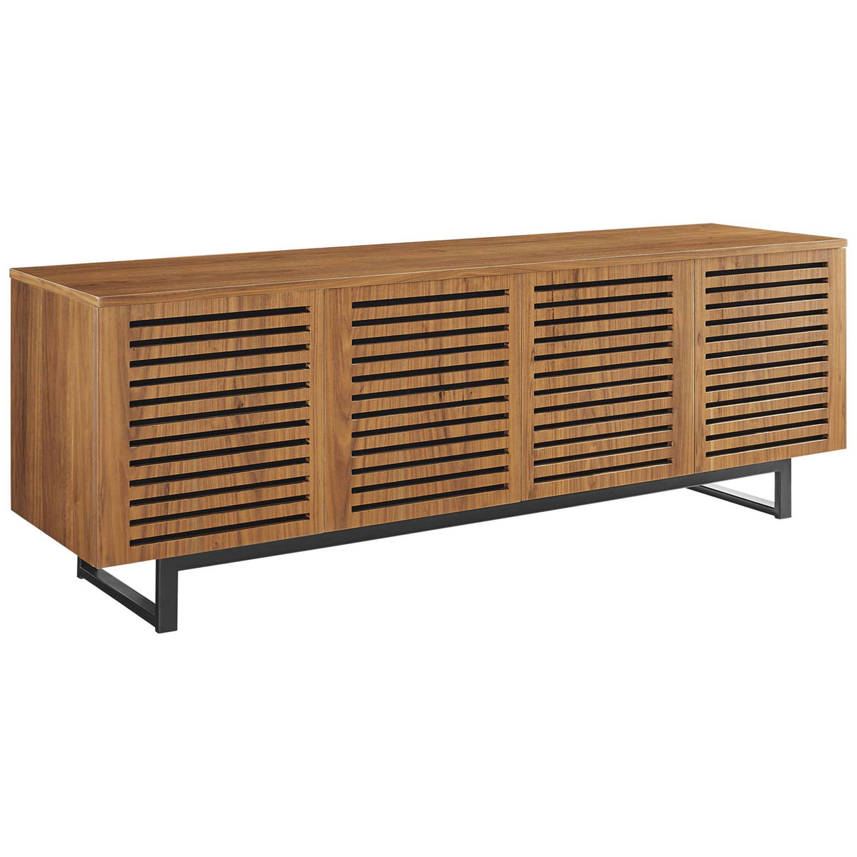 Walnut slatted-door TV stand with black metal base and airy modern profile || EEI-4763-WAL || front_angle_studio