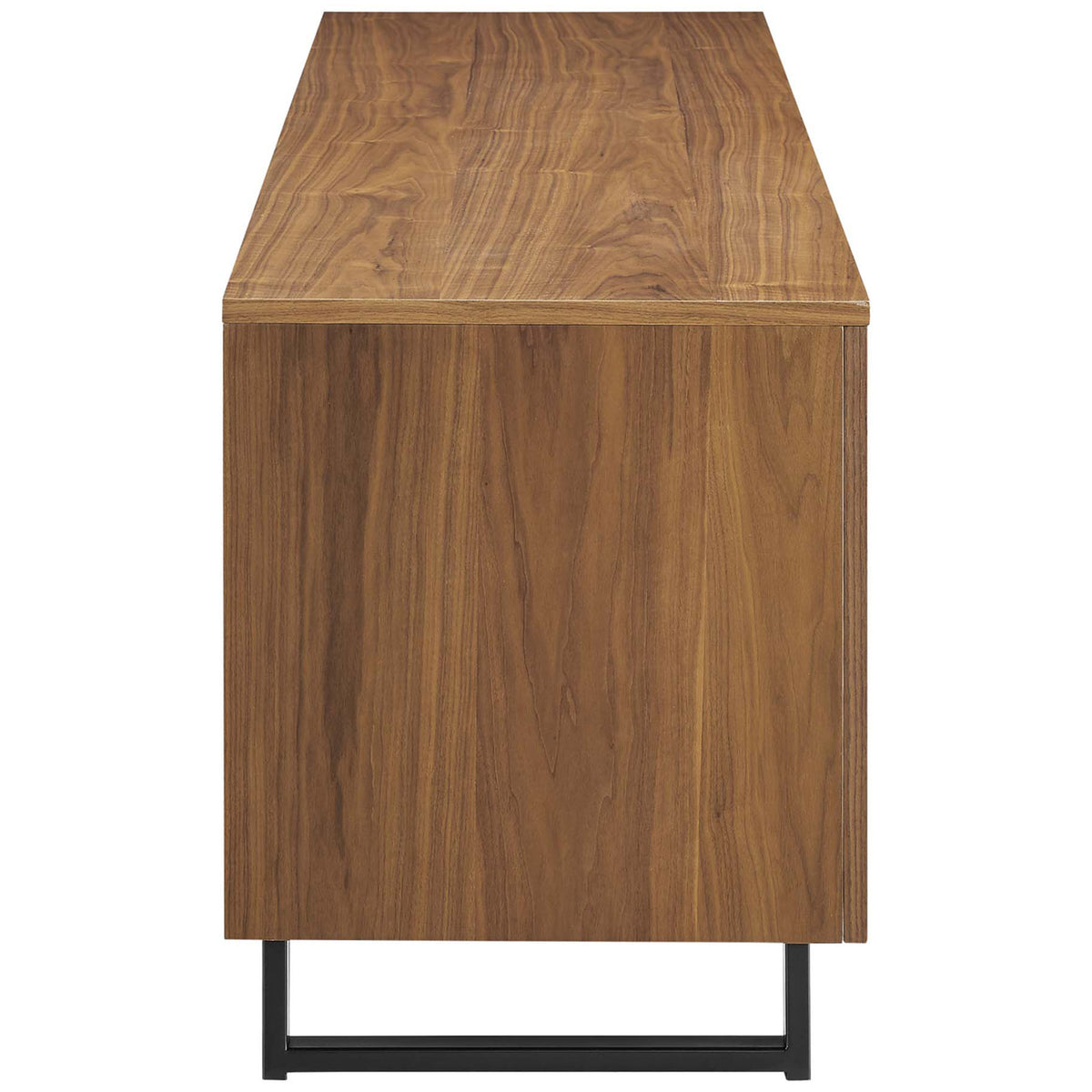 Slim walnut media console resting on black metal sled-style legs || EEI-4763-WAL || side_studio