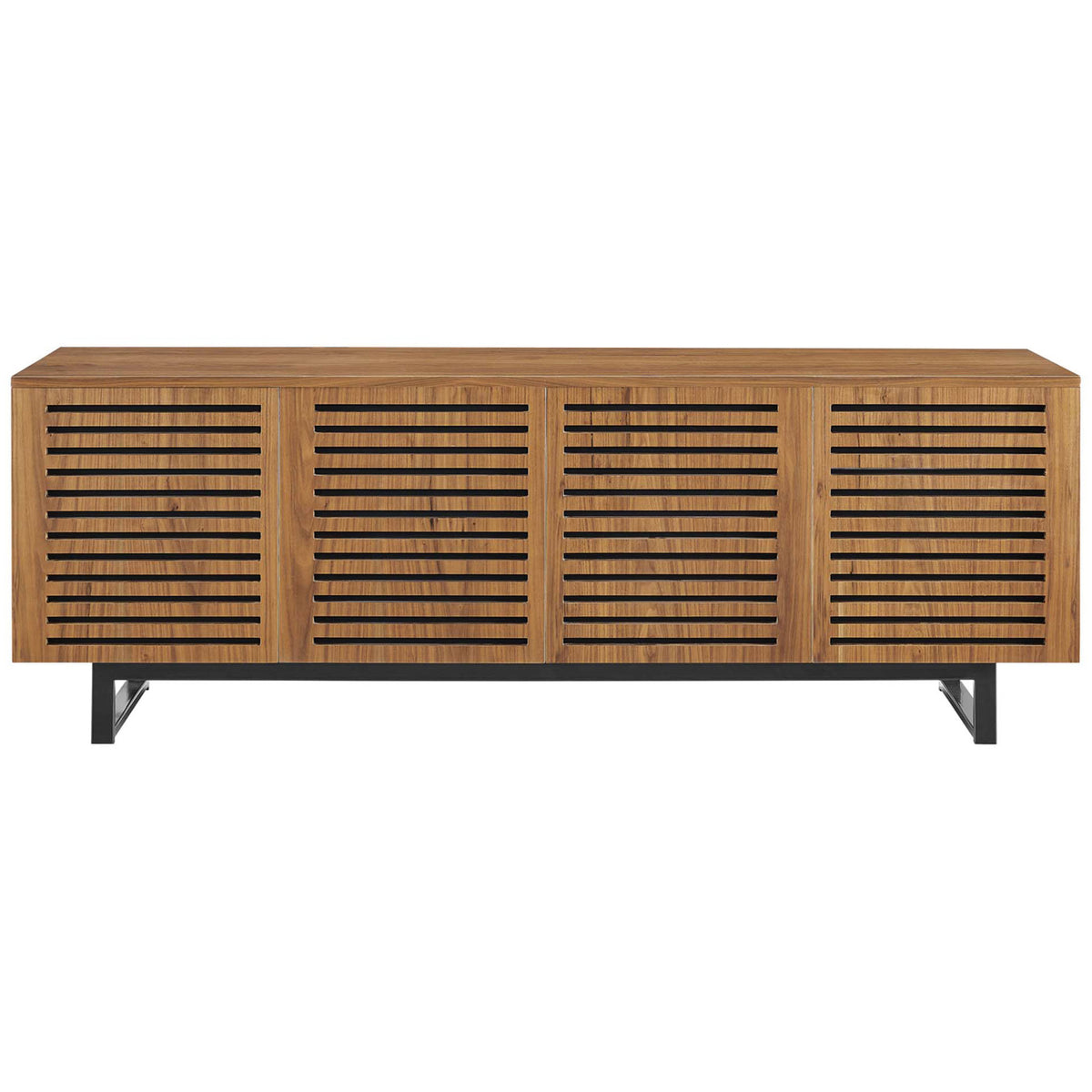 Walnut media console with slatted doors and black base for streamlined TV storage || EEI-4763-WAL || front_studio