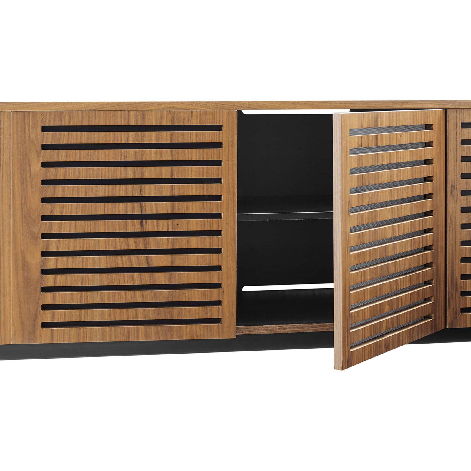 Open cabinet reveals adjustable shelf and roomy interior behind slatted walnut doors || EEI-4763-WAL || storage_open_studio