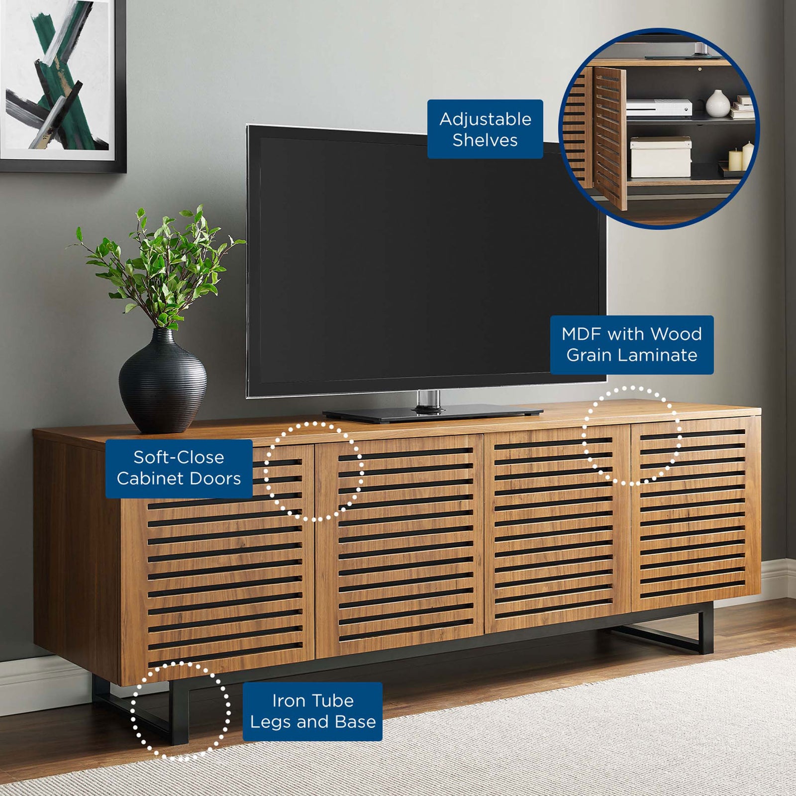 TV stand in living room highlighting soft-close doors, adjustable shelves, and sturdy metal base || EEI-4763-WAL || callout_room