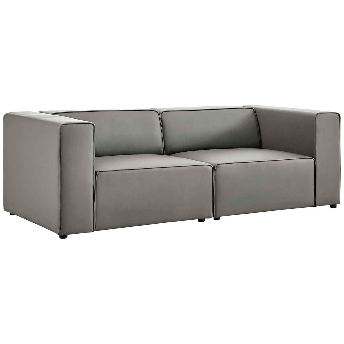 Modern gray vegan leather sectional loveseat with low arms and sleek tailored piping || EEI-4788-GRY || front_angle_studio